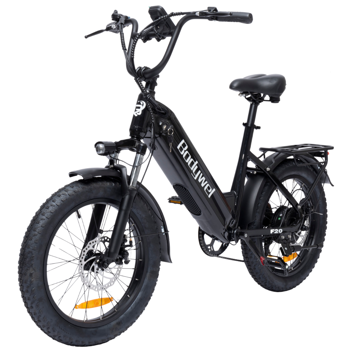 Czarny rower elektryczny Bodywel F20 na białym tle. Cechy: szerokie opony, przednie światło, bagażnik i logo Bodywel.