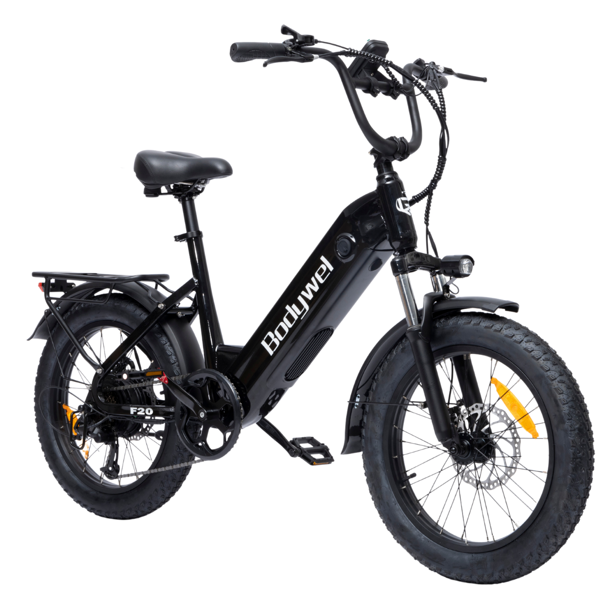 Czarny rower elektryczny Bodywel z dużymi oponami, bagażnikiem i reflektorem na białym tle.