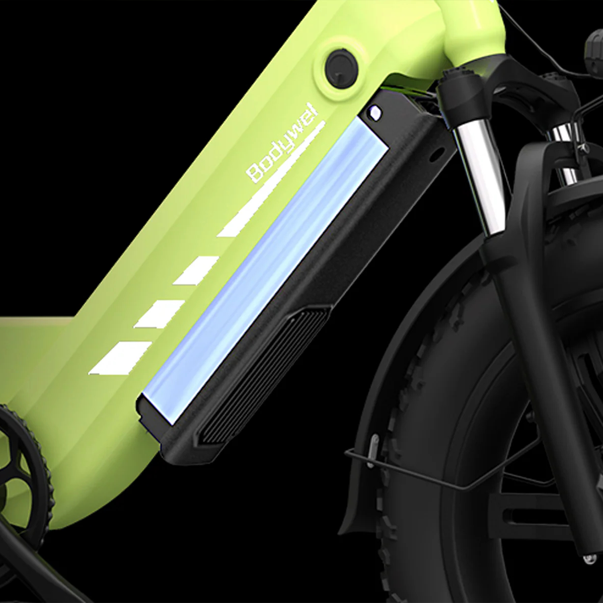 Zbliżenie na limonkową ramę roweru elektrycznego z czarnym akumulatorem. Widoczna jest czarna opona i przedni widelec.