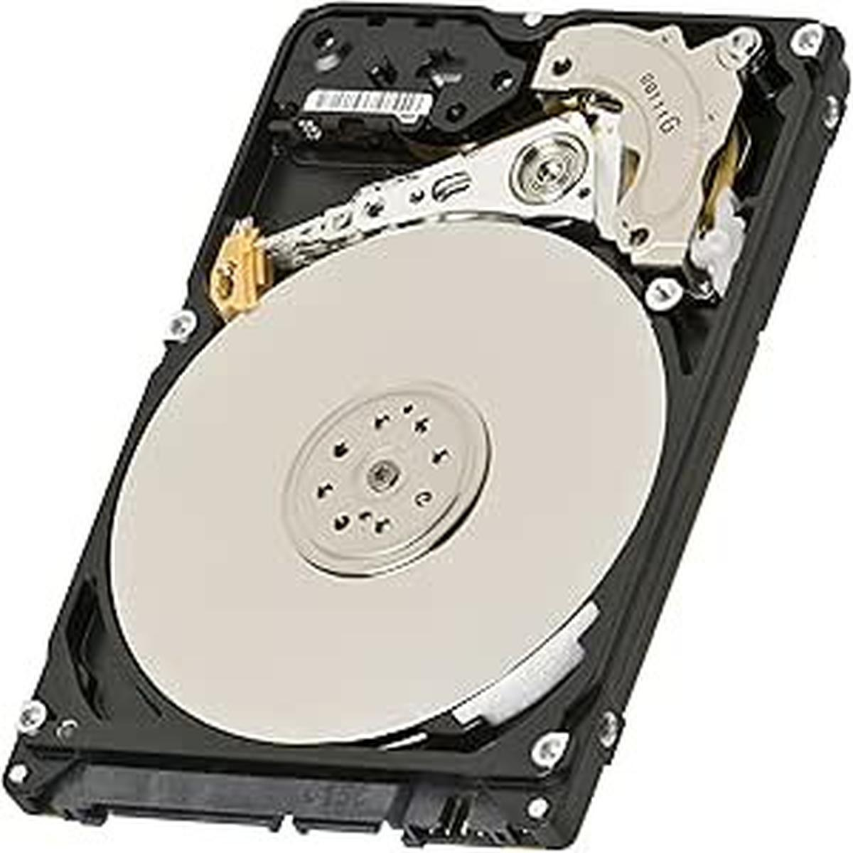 Un disco rigido aperto che mostra un disco argentato, un braccio e componenti interni all'interno di un telaio rettangolare nero.
