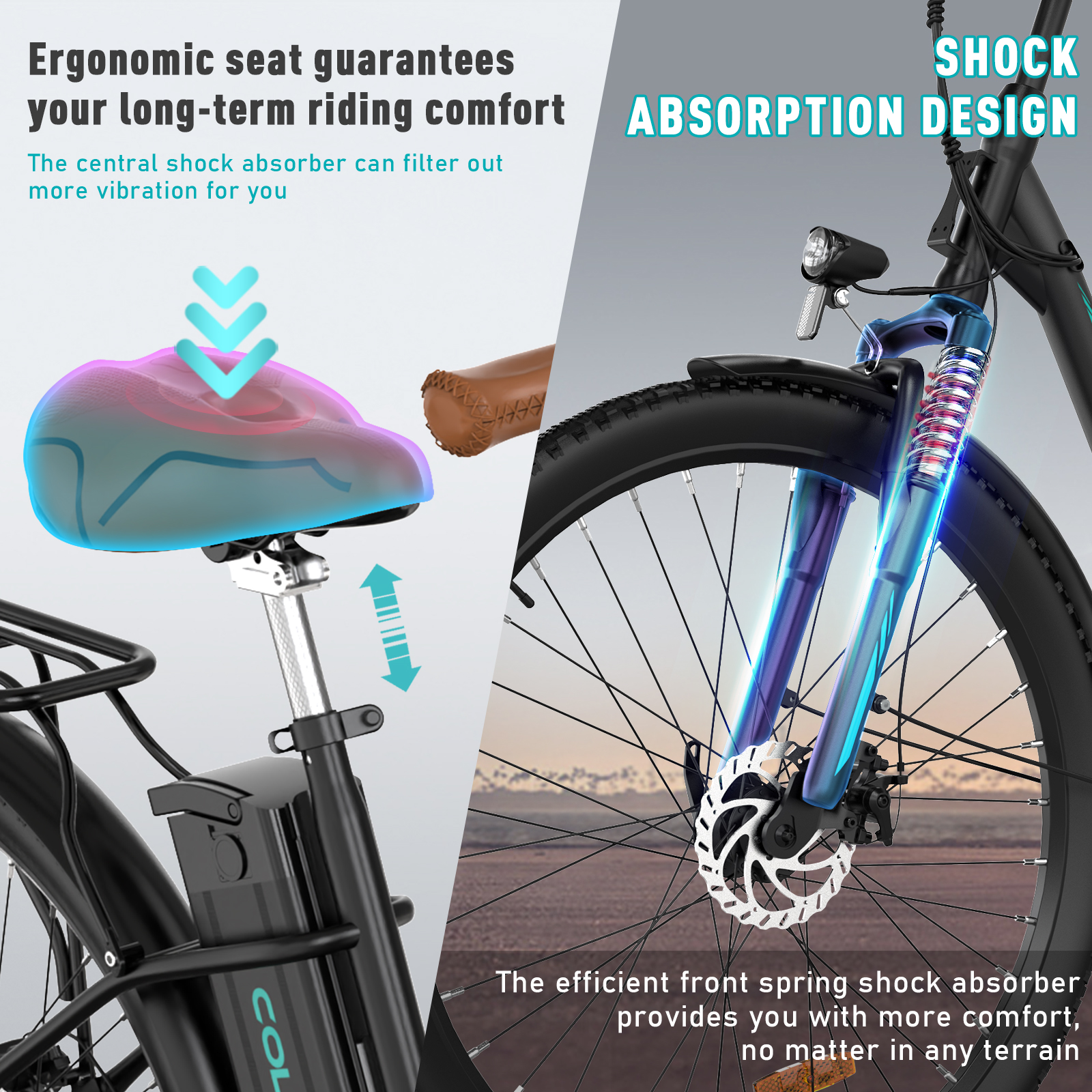 Ein Elektrofahrrad zeigt Merkmale: Sitz, Stoßdämpfer, Vorderrad und Text. Der Sitz ist ergonomisch, und das Vorderrad hat eine Scheibenbremse.
