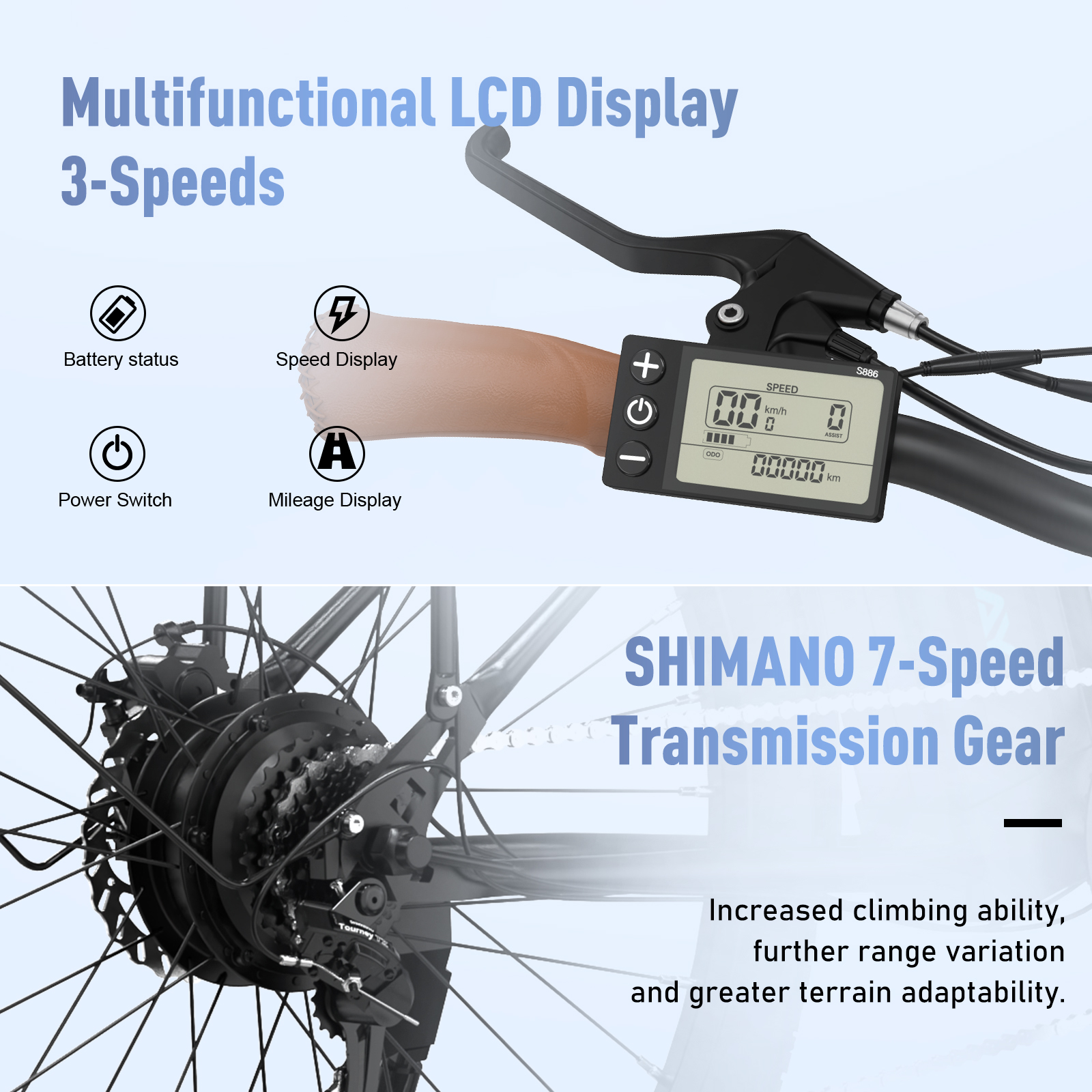 Ein E-Bike-Display zeigt Geschwindigkeit, Batterie und Kilometerstand an. Eine Shimano 7-Gang-Schaltung und ein Rad sind ebenfalls sichtbar.