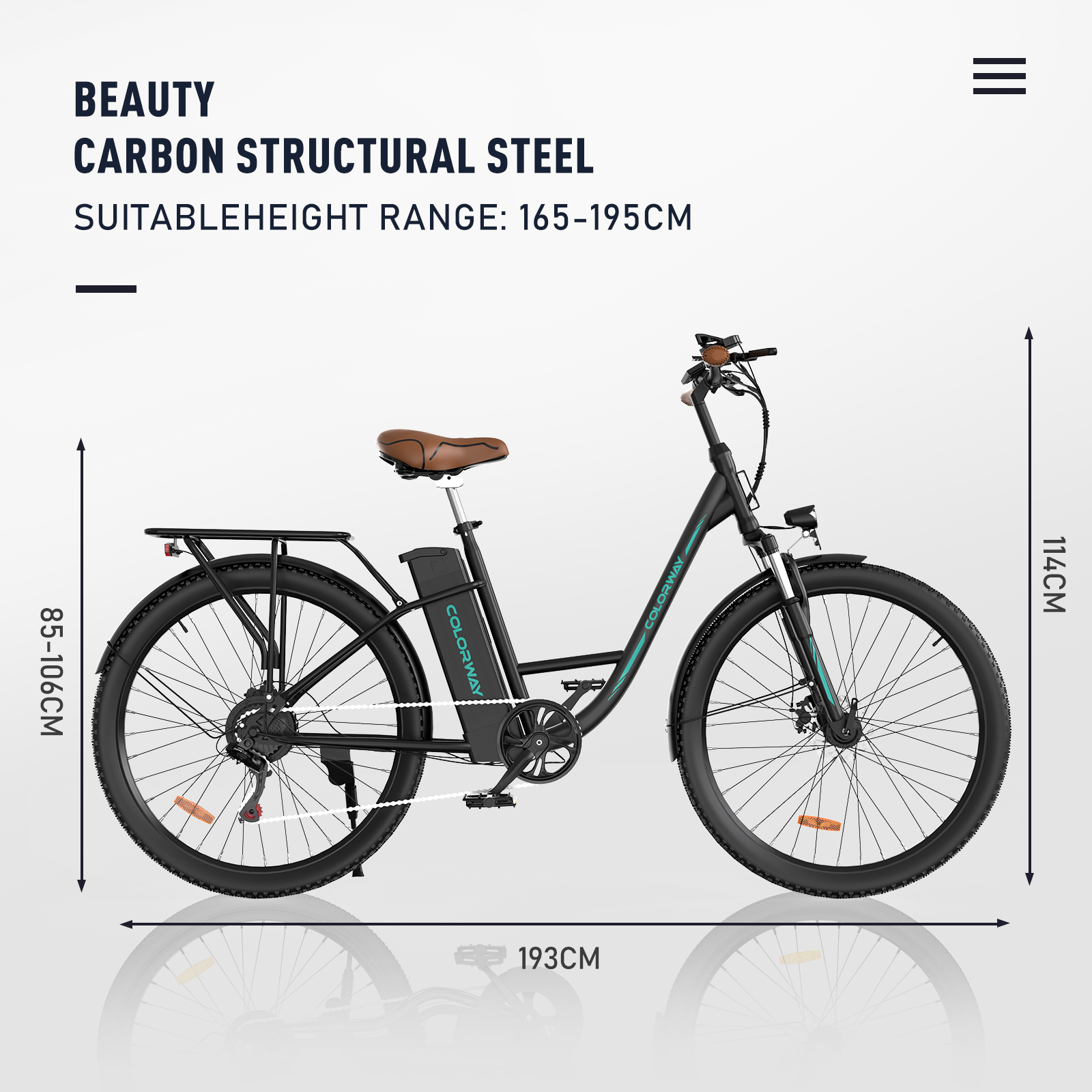 Schwarzes Elektrofahrrad mit braunem Sitz. Es hat einen Gepäckträger und steht vor weißem Hintergrund. Maße sind angegeben.