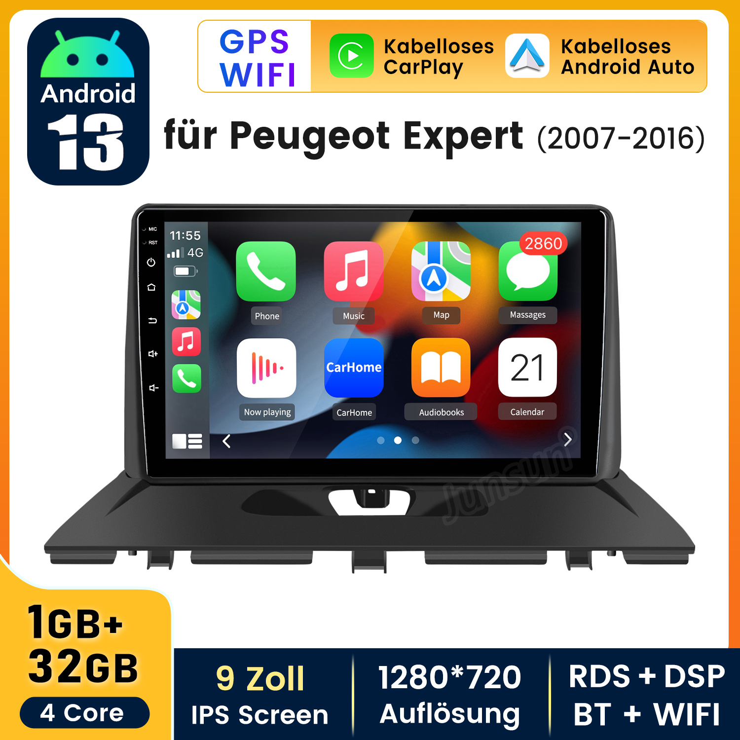Ein Bildschirm eines Auto-Multimedia-Systems mit App-Symbolen. Es hat Android 13, GPS, WLAN, CarPlay und Android Auto.