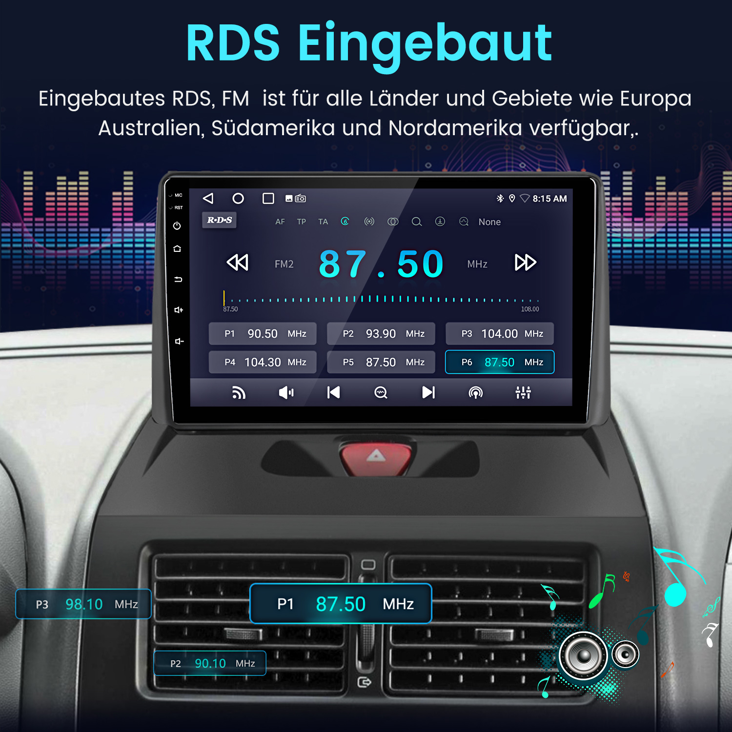 Ein Autoradio-Bildschirm zeigt FM 87,50 MHz an. Um den Bildschirm herum befinden sich Tasten und Symbole. Das Gerät ist im Armaturenbrett eines Autos eingebaut.