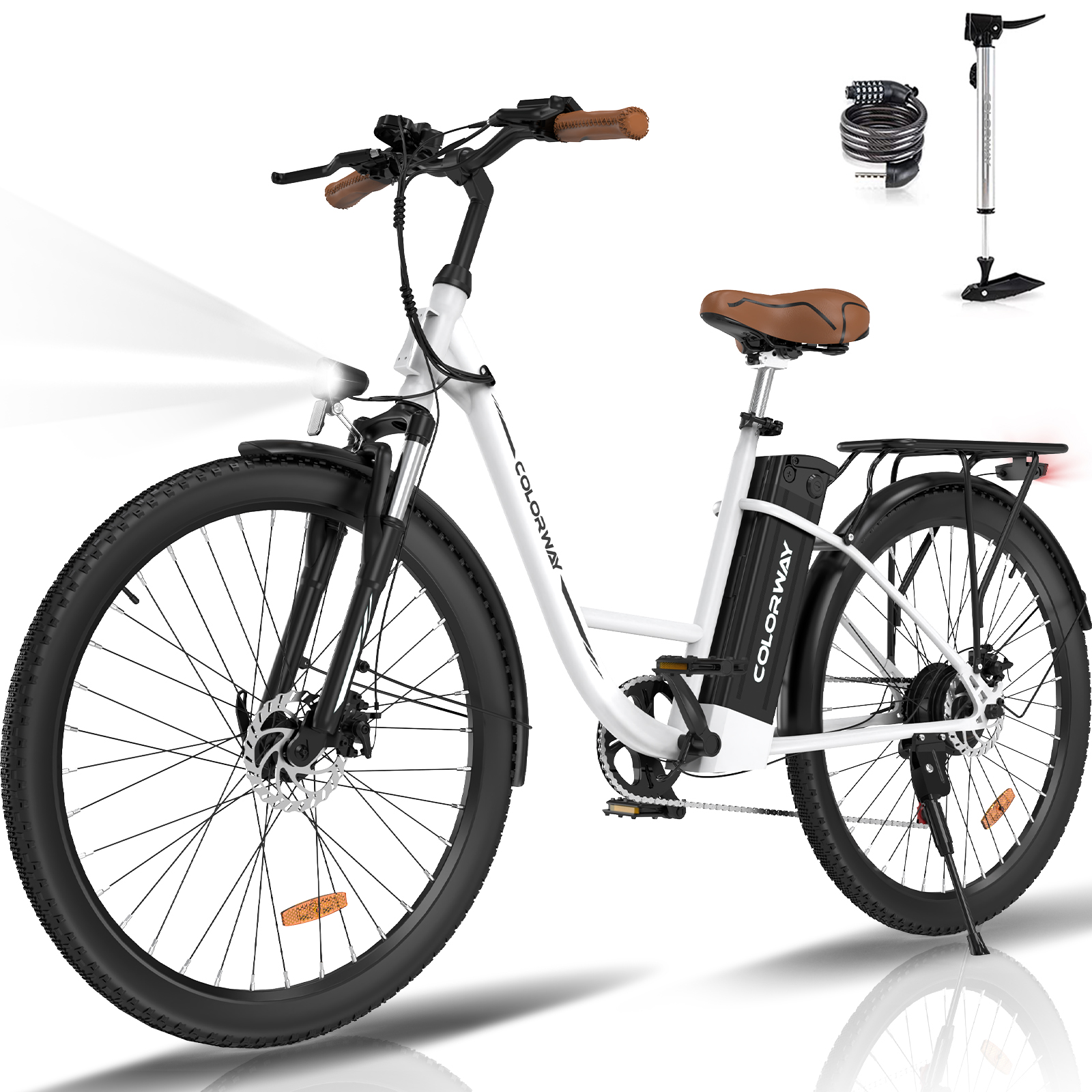 Se muestra una bicicleta eléctrica COLORWAY blanca. Se incluyen accesorios como bomba y cerradura. La bicicleta tiene luz.
