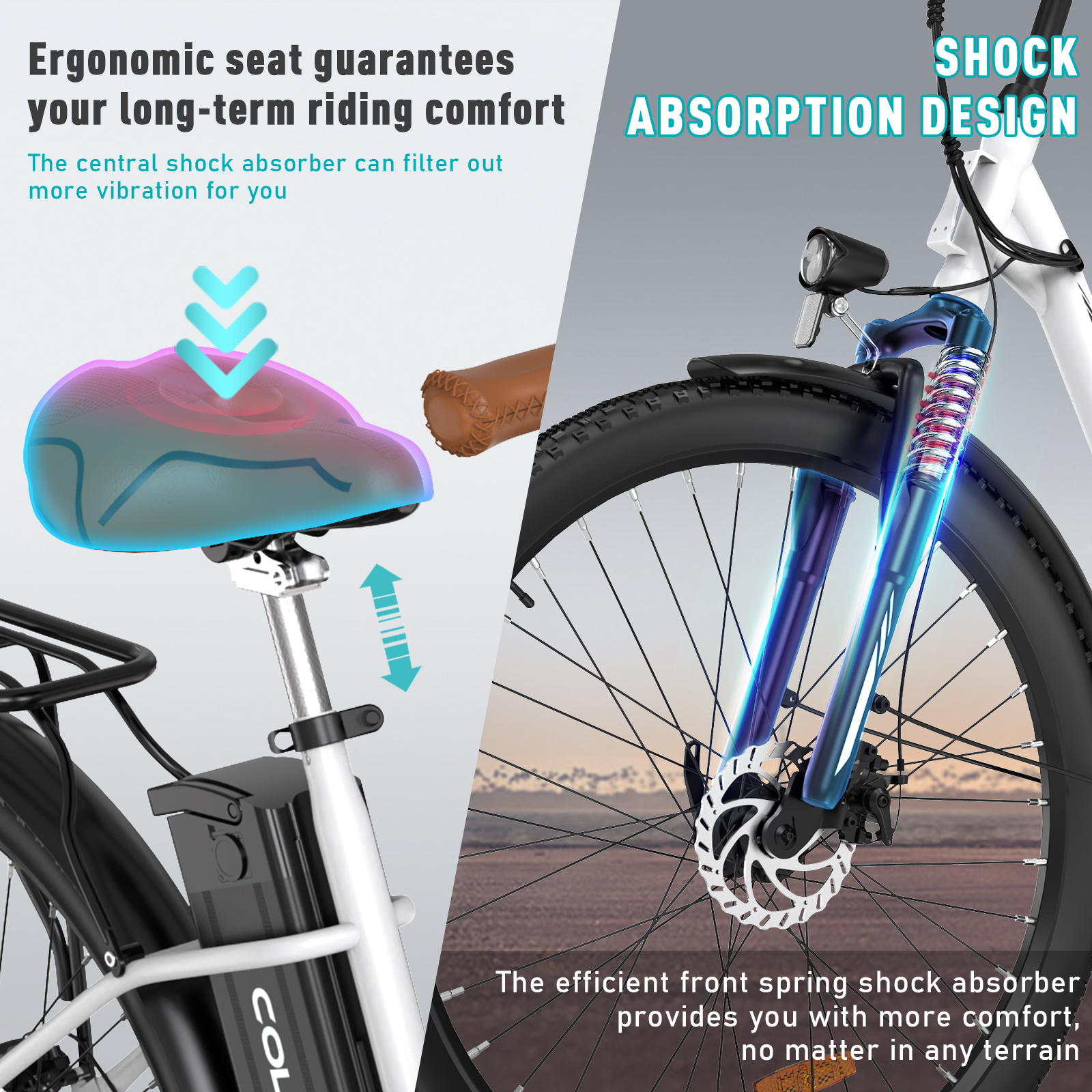 Ein Elektrofahrrad mit Stoßdämpferdesign. Zeigt den Sitz und das Vorderrad im Detail und hebt Komfortmerkmale hervor.