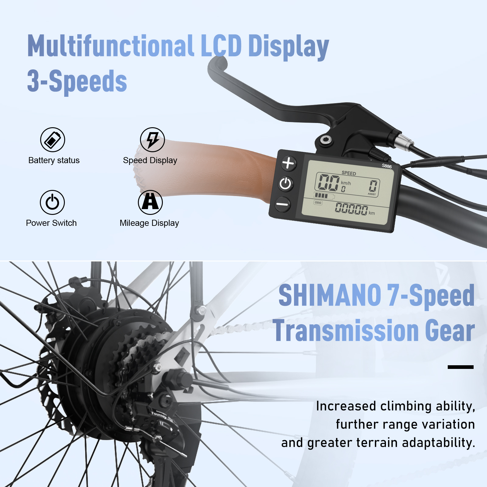 Ein E-Bike-Display zeigt Geschwindigkeit, Akku und Kilometerstand an. Das Shimano-Getriebe ist am Hinterrad sichtbar.