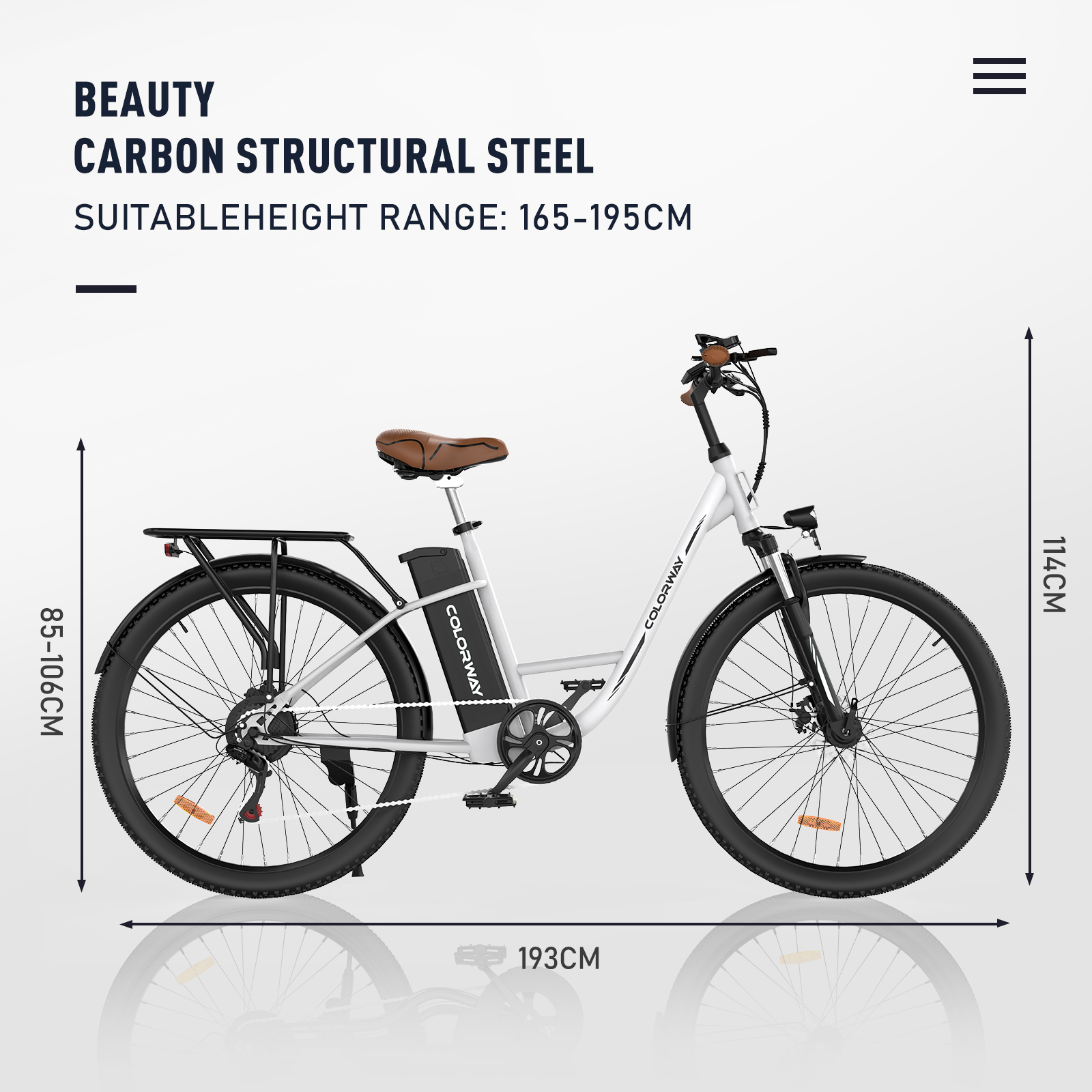 Ein weißes Elektrofahrrad mit schwarzen Reifen, einem braunen Sitz und Lenker. Das Bild enthält Abmessungen und Spezifikationen.