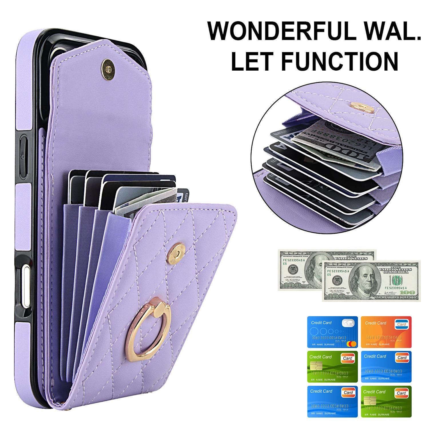Eine lila Handyhülle mit einem Portemonnaie. Sie enthält Karten und Geld. Text: Wonderful Wal. Let function.