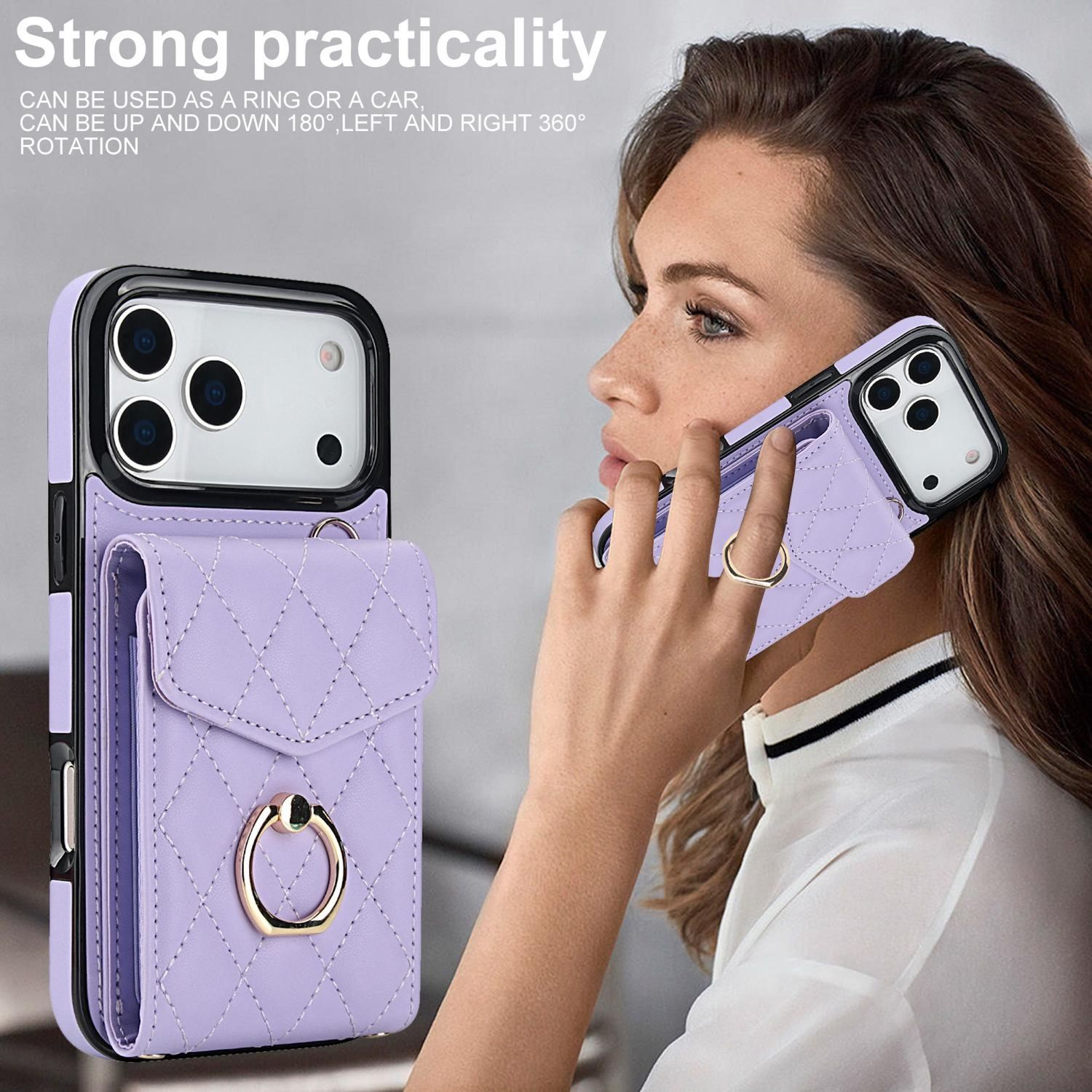 Eine Frau hält eine lavendelfarbene Handyhülle mit einem Ring. Die Hülle hat eine Brieftasche und ist an einem Telefon befestigt.