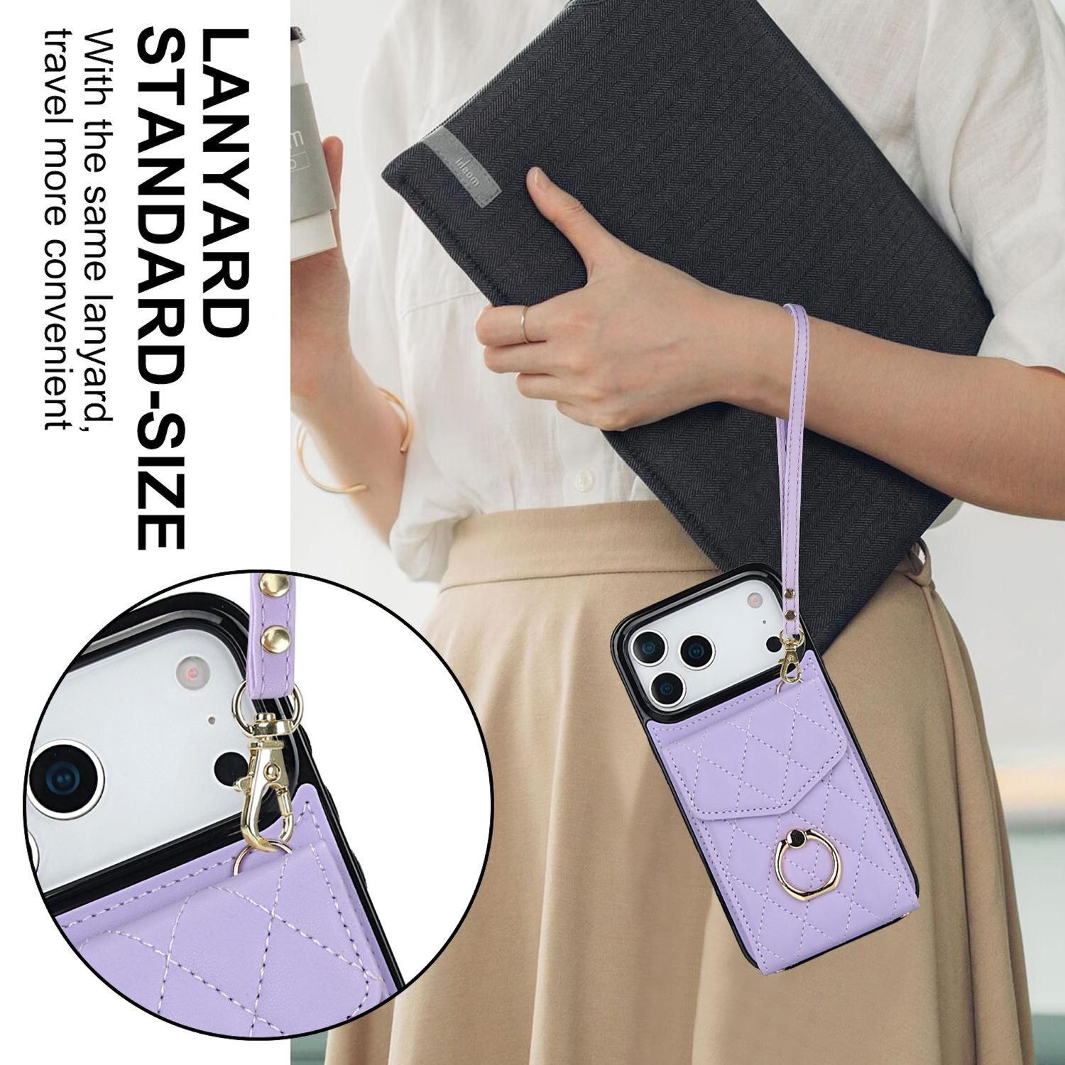 Frau hält ein Telefon mit einer lilafarbenen Lanyard-Hülle und einem dunklen Ordner. Das Telefon hat einen goldenen Ringhalter.