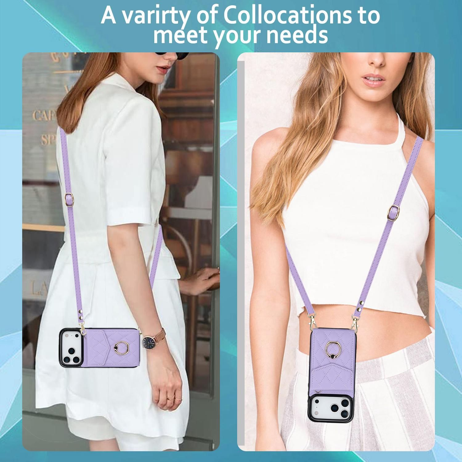 Zwei Frauen tragen Handyhüllen mit Riemen. Eine in einem weißen Kleid, die andere in einem weißen Oberteil. Beide haben hellviolette Riemen.