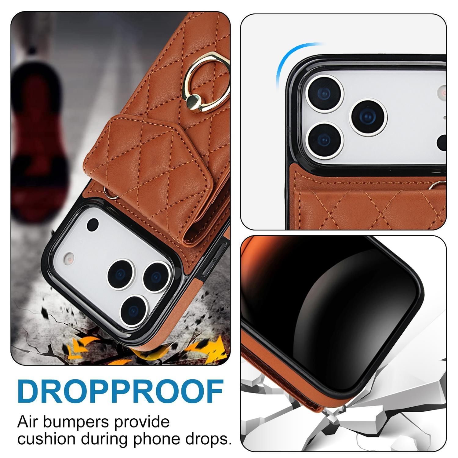 Eine braune Handyhülle mit einem Ringhalter. Das Telefon befindet sich in der Hülle. Der Text "DROOPROOF" und "Air bumpers" sind ebenfalls sichtbar.