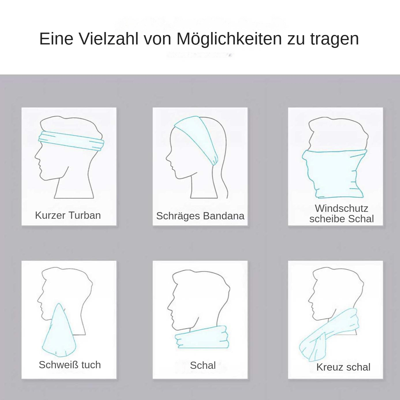 Diagramm mit sechs Möglichkeiten, eine Kopf-/Nackenbedeckung zu tragen. Jedes zeigt eine Person im Profil mit der Bedeckung in einem anderen Stil.