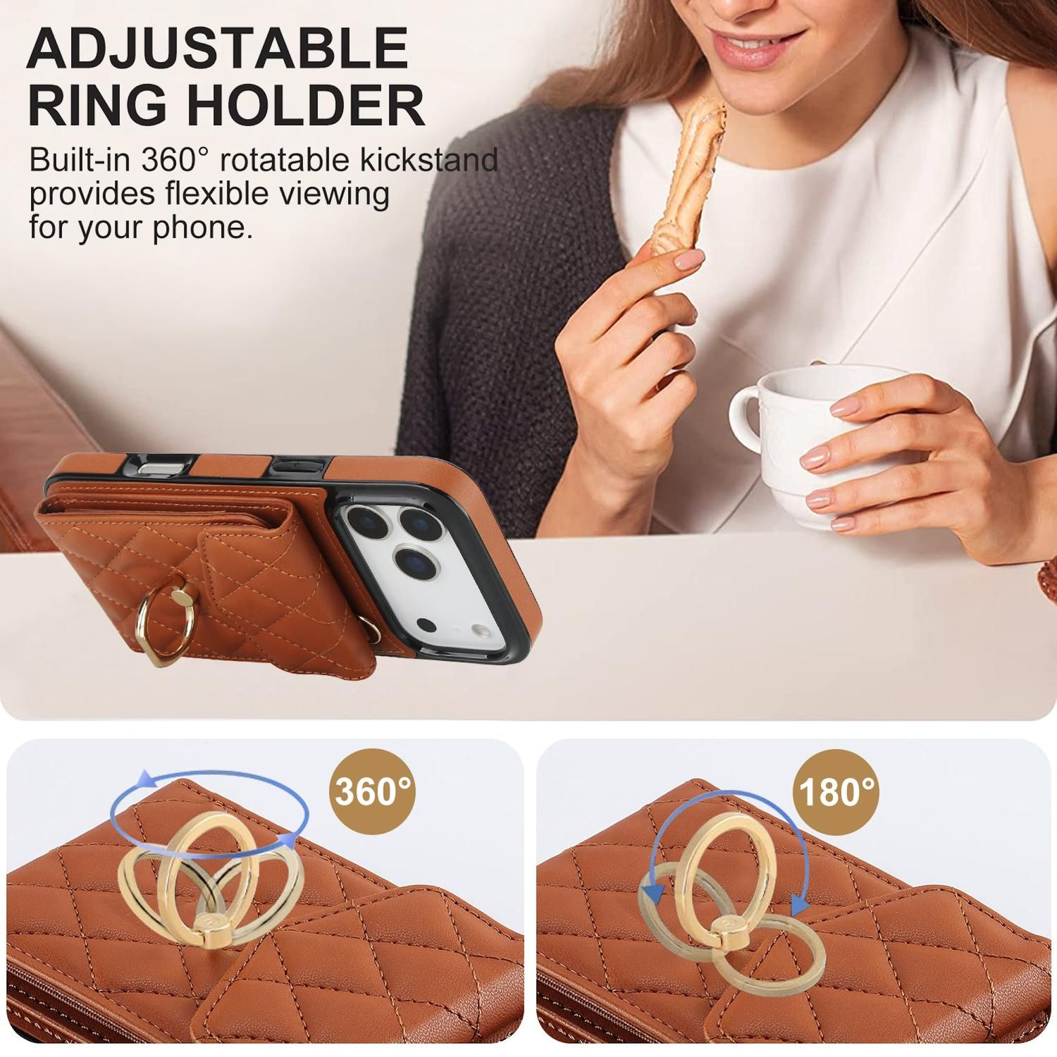 Das Bild zeigt eine Handyhülle mit Ringhalter. Eine Frau hält einen Snack und eine Tasse. Text zeigt 'Adjustable Ring Holder'.