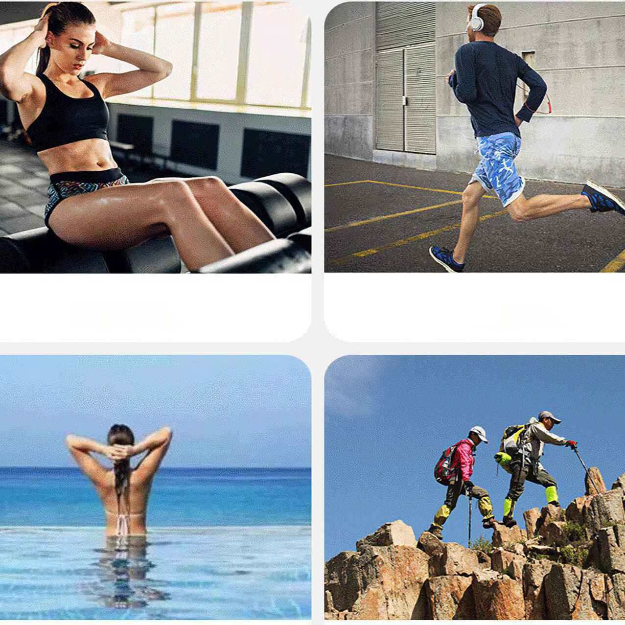 Eine Frau macht im Fitnessstudio Sit-ups. Ein Mann rennt draußen. Eine Frau steht in einem Pool. Zwei Wanderer klettern einen Berg.