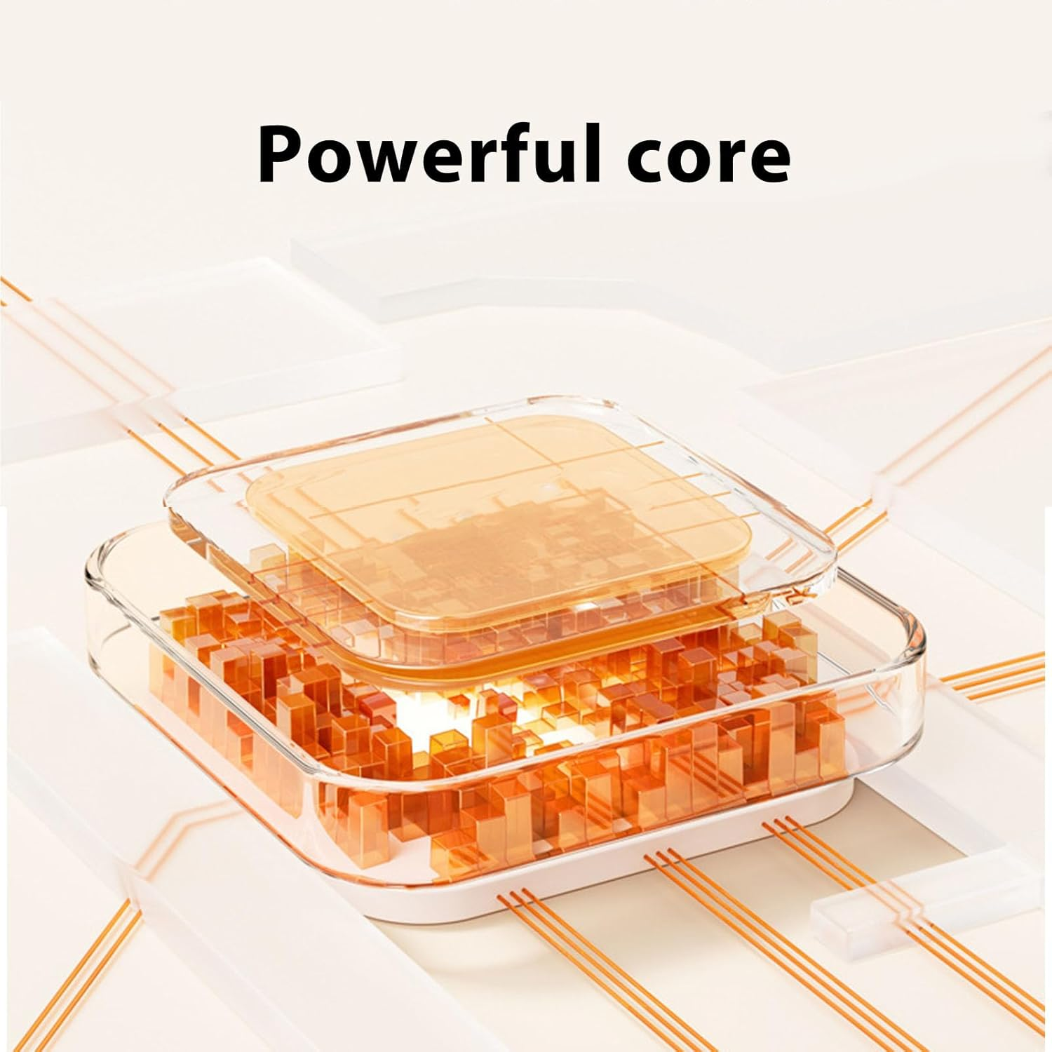 3D-Rendering eines transparenten Geräts mit orangefarbenen Würfeln und Platine, beschriftet mit 'Powerful core'.