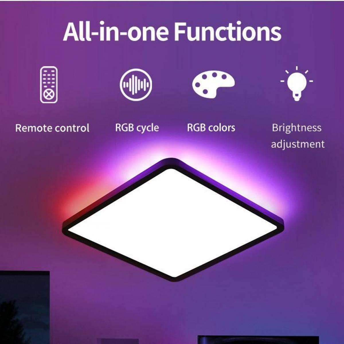 Eine quadratische Deckenleuchte mit schwarzem Rahmen und weißem Zentrum. Sie hat RGB-Farben und ist mit Funktionen wie Fernbedienung beschriftet.