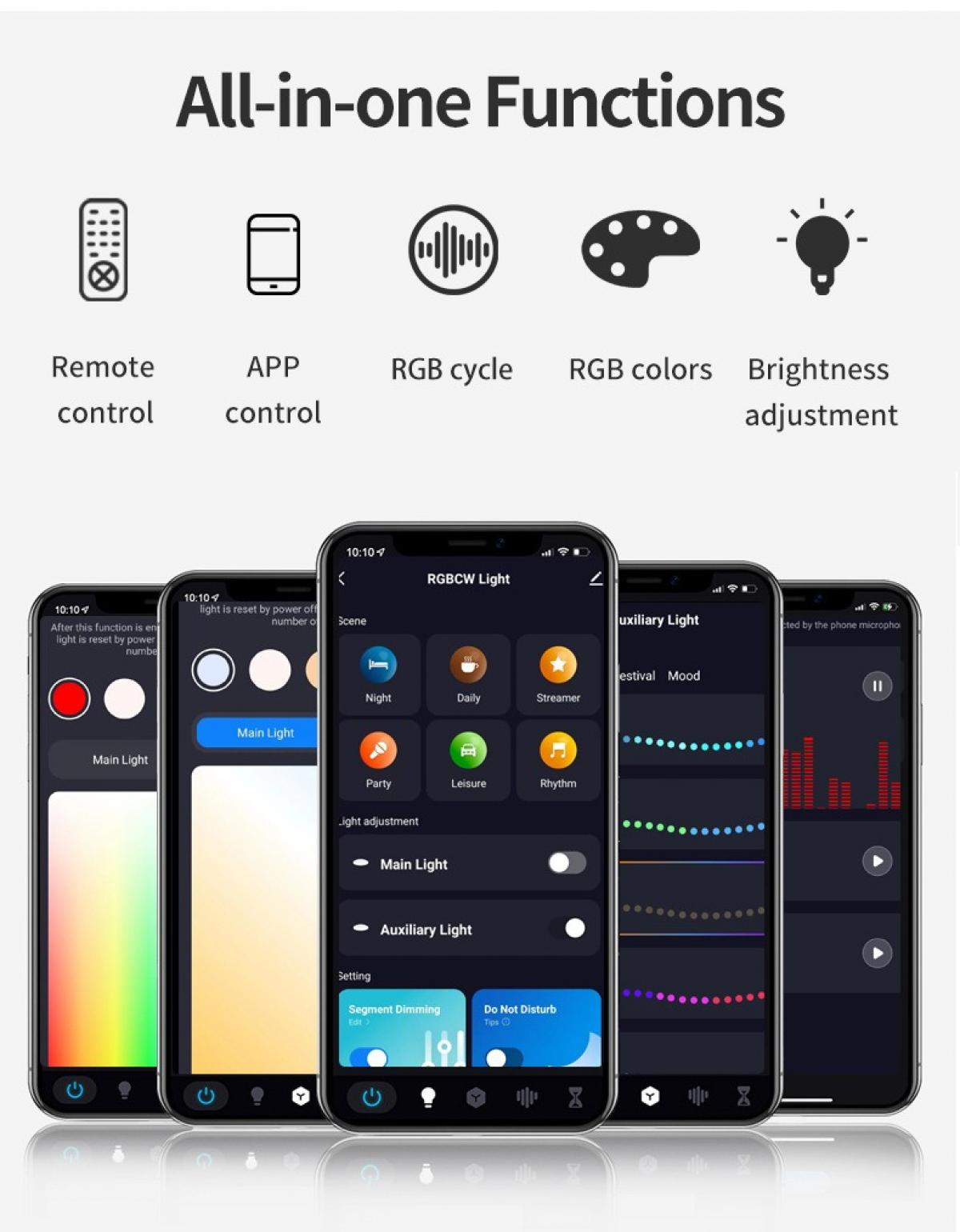 Das Bild zeigt Smartphone-Apps mit Lichteinstellungen. Zu den Symbolen gehören Fernbedienung, App, RGB-Zyklus, Farben und Helligkeitsanpassung.