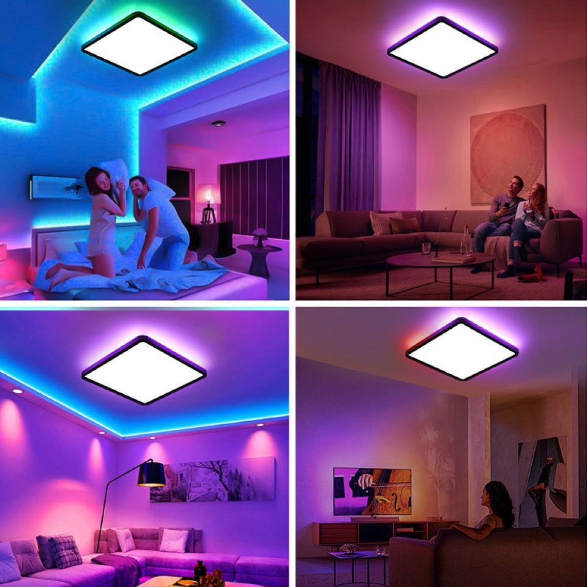 Vier Bilder zeigen Räume mit quadratischen Deckenleuchten. Menschen sind in den Räumen. Farben sind Blau, Lila und Rosa. Möbel sind vorhanden.