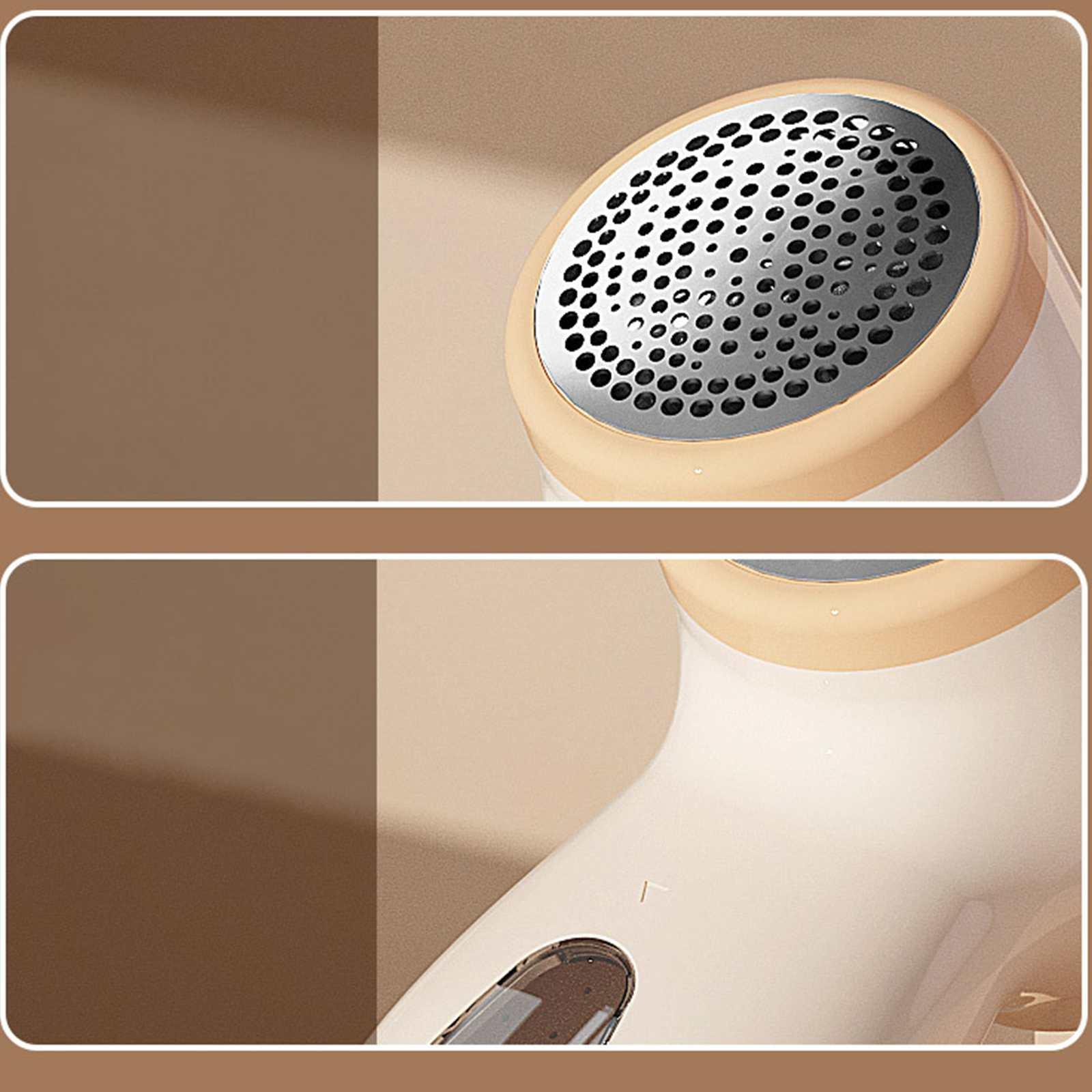 Nahaufnahme eines Stoffrasierers mit beige-weißem Gehäuse. Der Kopf hat ein Metallgitter mit vielen kleinen Löchern.