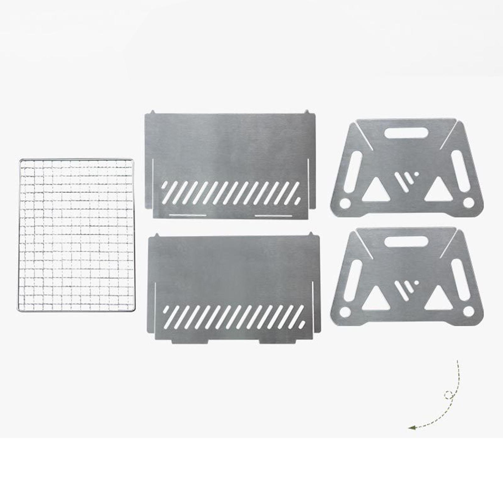 Ein Camping-Grill-Set. Es umfasst einen Drahtrost, zwei rechteckige Metallplatten und vier Metallstützen.