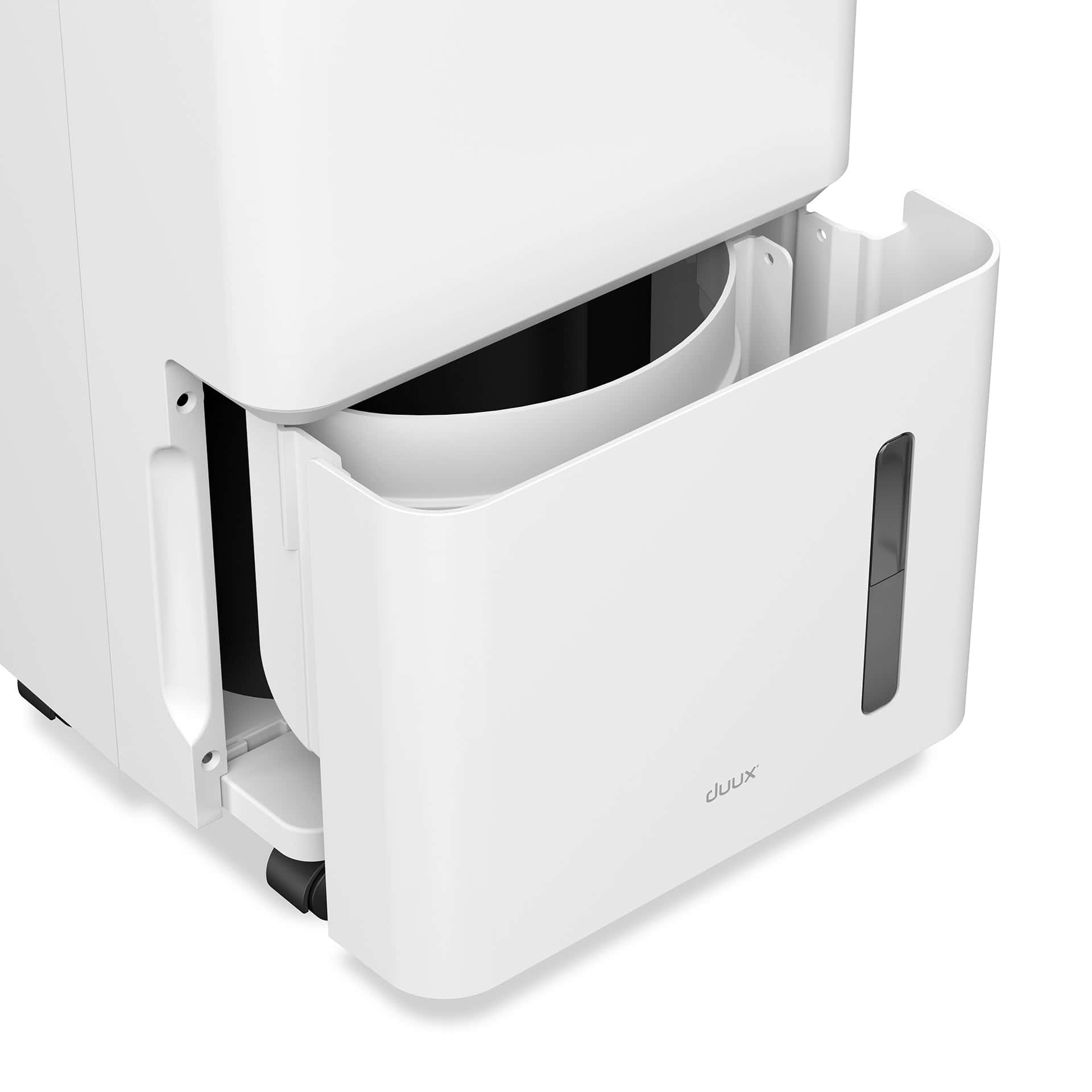 Witte luchtontvochtiger met open watertank. De tank heeft een zwart interieur en een transparante niveau-indicator.