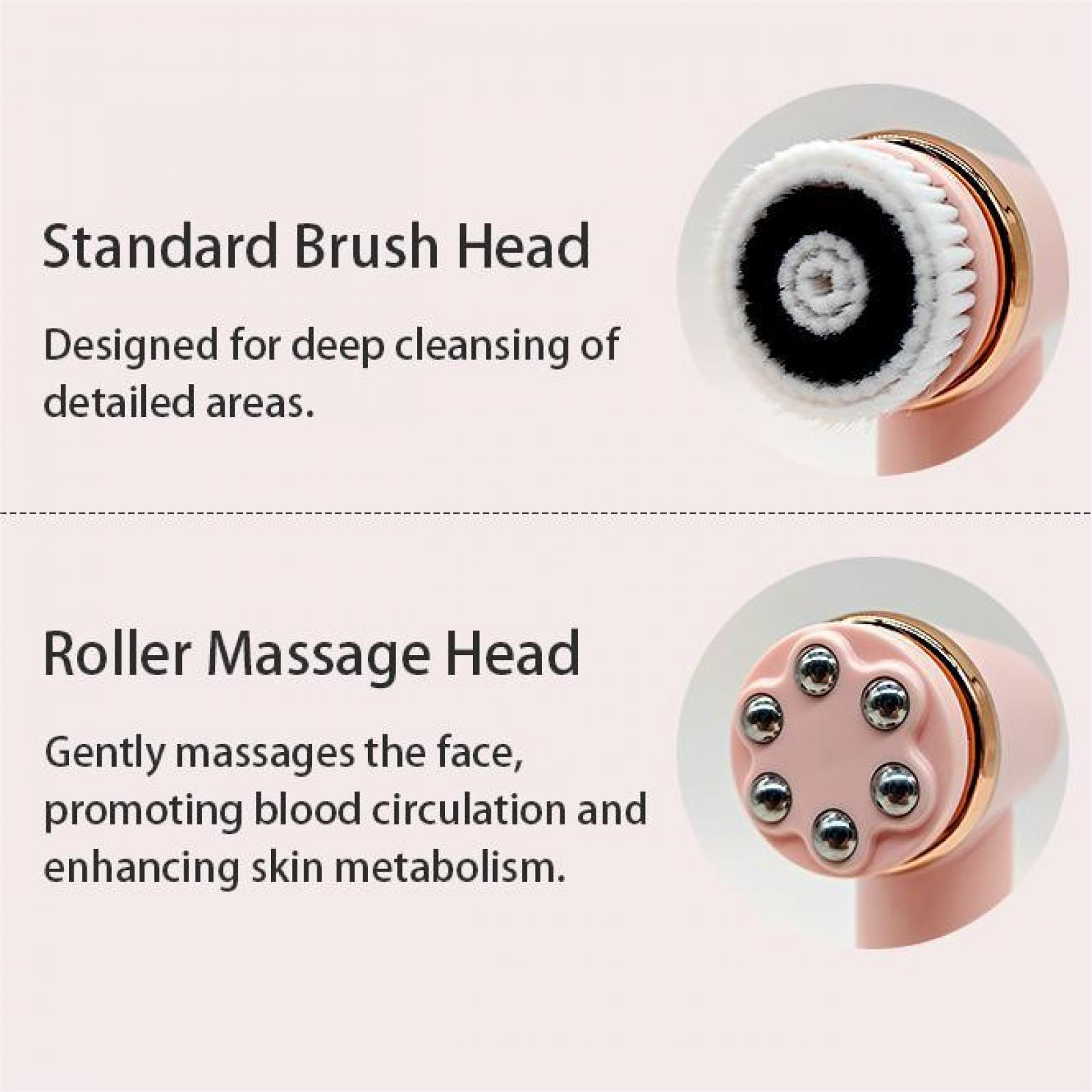 Das Bild zeigt zwei Gesichtsmassageköpfe: einen Bürstenkopf und einen Rollenmassagekopf, mit Textbeschreibungen.