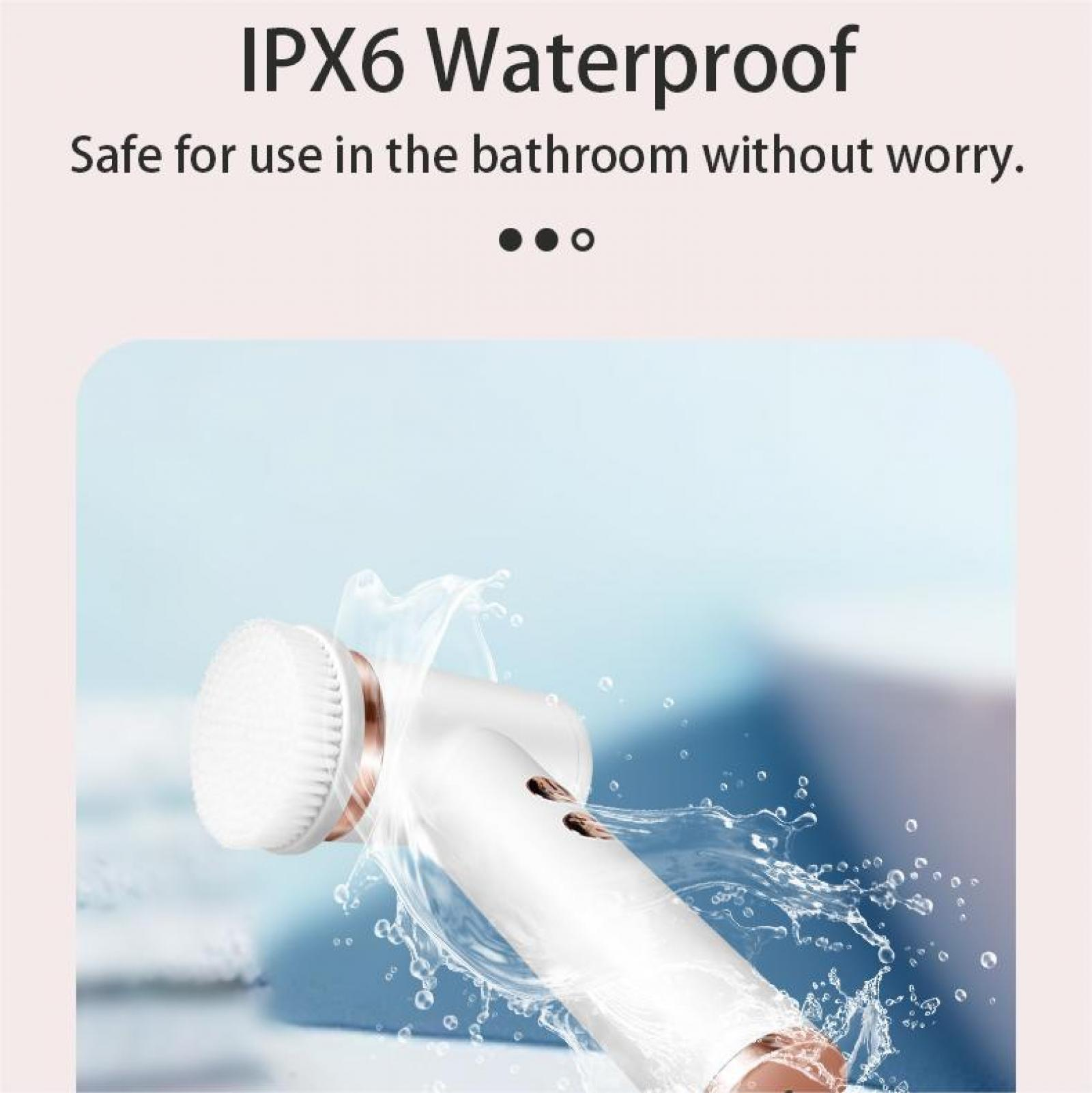 Eine weiße, wasserdichte Gesichtsbürste mit Wasserspritzern. Der Text oben lautet IPX6 Waterproof.