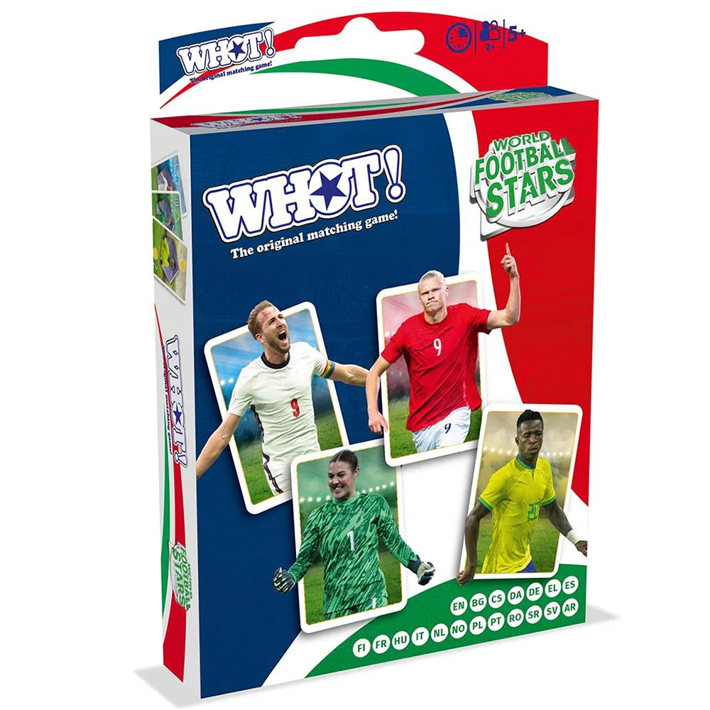 Schachtel eines Spiels 'WHOT!'. Es zeigt Fußballspieler in Aktion. Die Box hat ein rot, weiß und blaues Farbschema. Das Spiel heißt 'World Football Stars'.