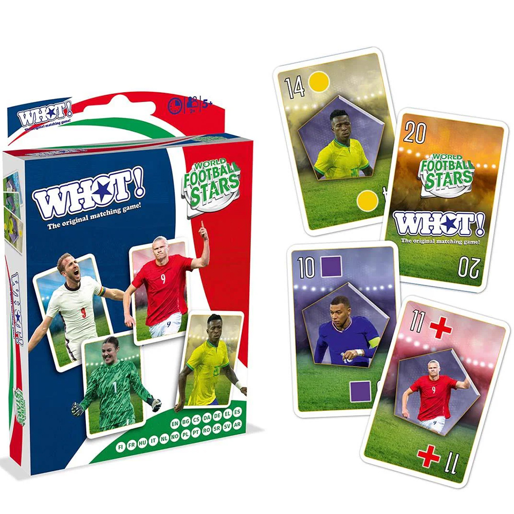 Eine Fußballkartenspielbox und -karten. Die Karten zeigen Fußballspieler mit Nummern. Auf der Box steht 'World Football Stars' und 'WHOT!'.