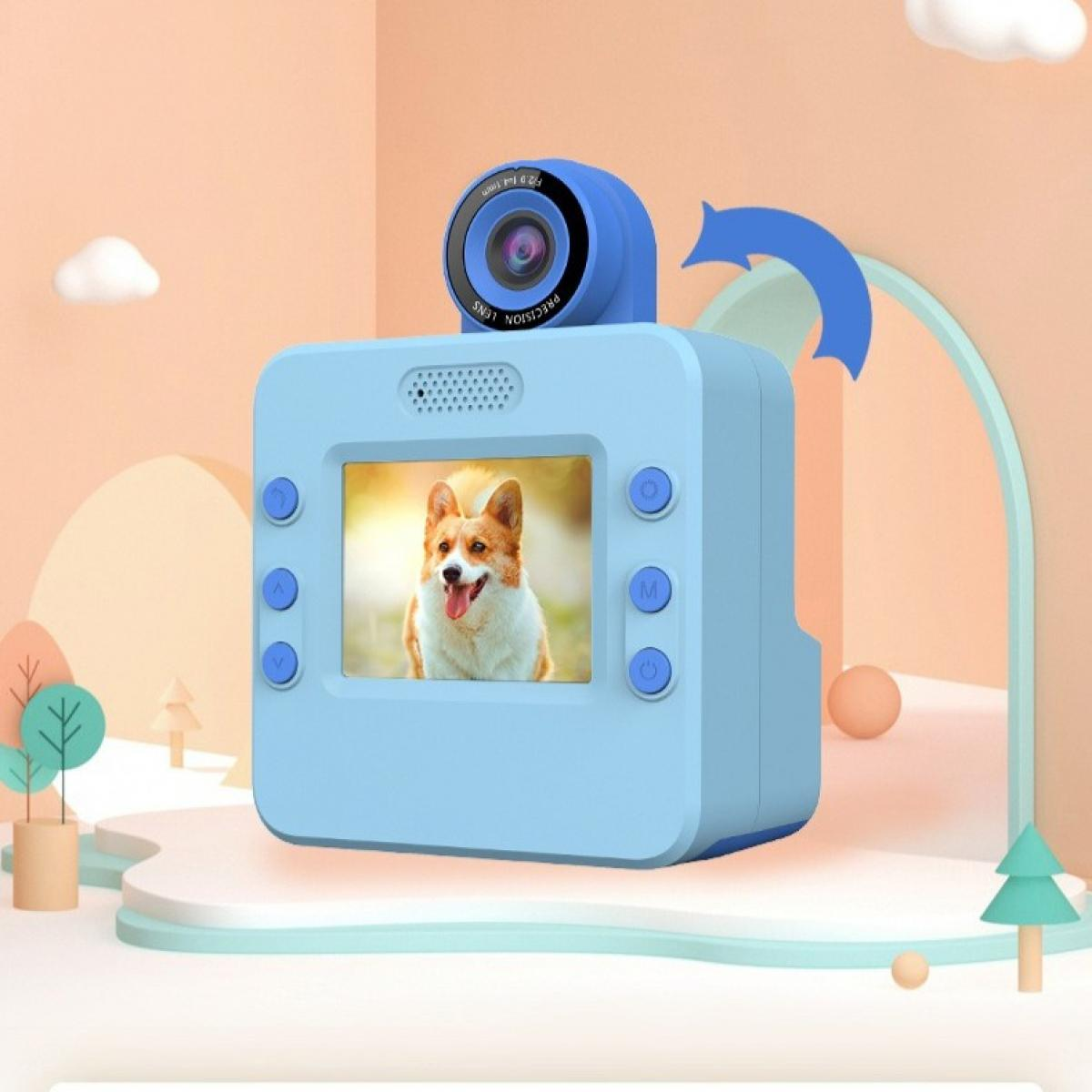 Eine hellblaue Spielzeugkamera mit einem Foto eines Corgi-Hundes auf dem Bildschirm. Die Kamera hat ein blaues Objektiv und Knöpfe.