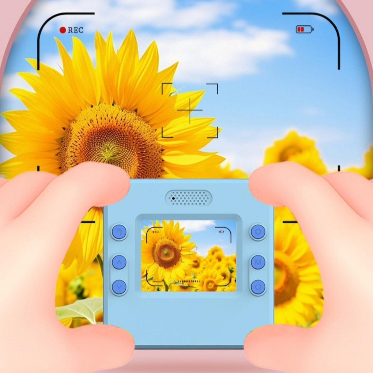Eine Kinderkamera erfasst ein Sonnenblumenfeld. Die Kamera zeigt die Sonnenblumen, gehalten von cartoonartigen Händen.