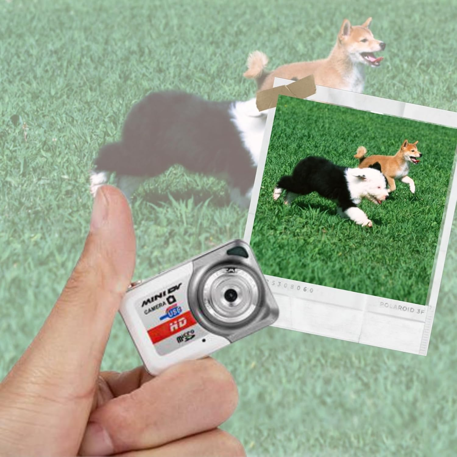 Eine Hand hält eine Mini-DV-Kamera, ein Foto von zwei Hunden, die auf Gras rennen, ist angebracht. Ein Hund ist schwarz-weiß, der andere braun.