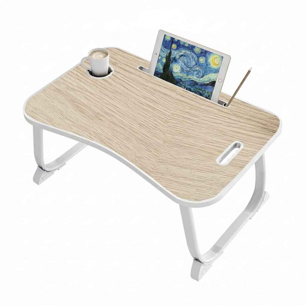 Ein hölzerner Laptop-Tisch mit einer Kaffeetasse, einem Tablet mit einem Sternennacht-Gemälde und einem Bleistift.