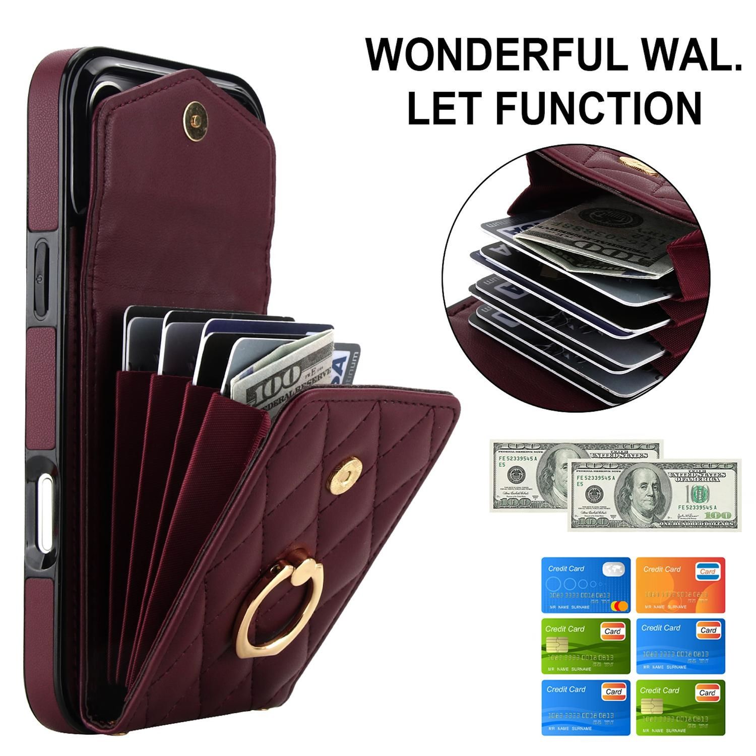 Eine weinrote Handyhülle mit Geldbörsenfunktion. Sie enthält Karten, Bargeld und hat einen Ringhalter. Text: Wonderful Wal. Let Function.