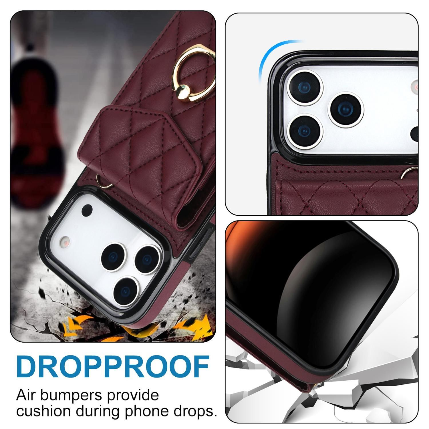 Bordeauxfarbene Handyhülle mit goldenem Ring, schützt das Telefon. Sturzsicheres Design mit Luftpolstern. Text: 'DROPPROOF'.