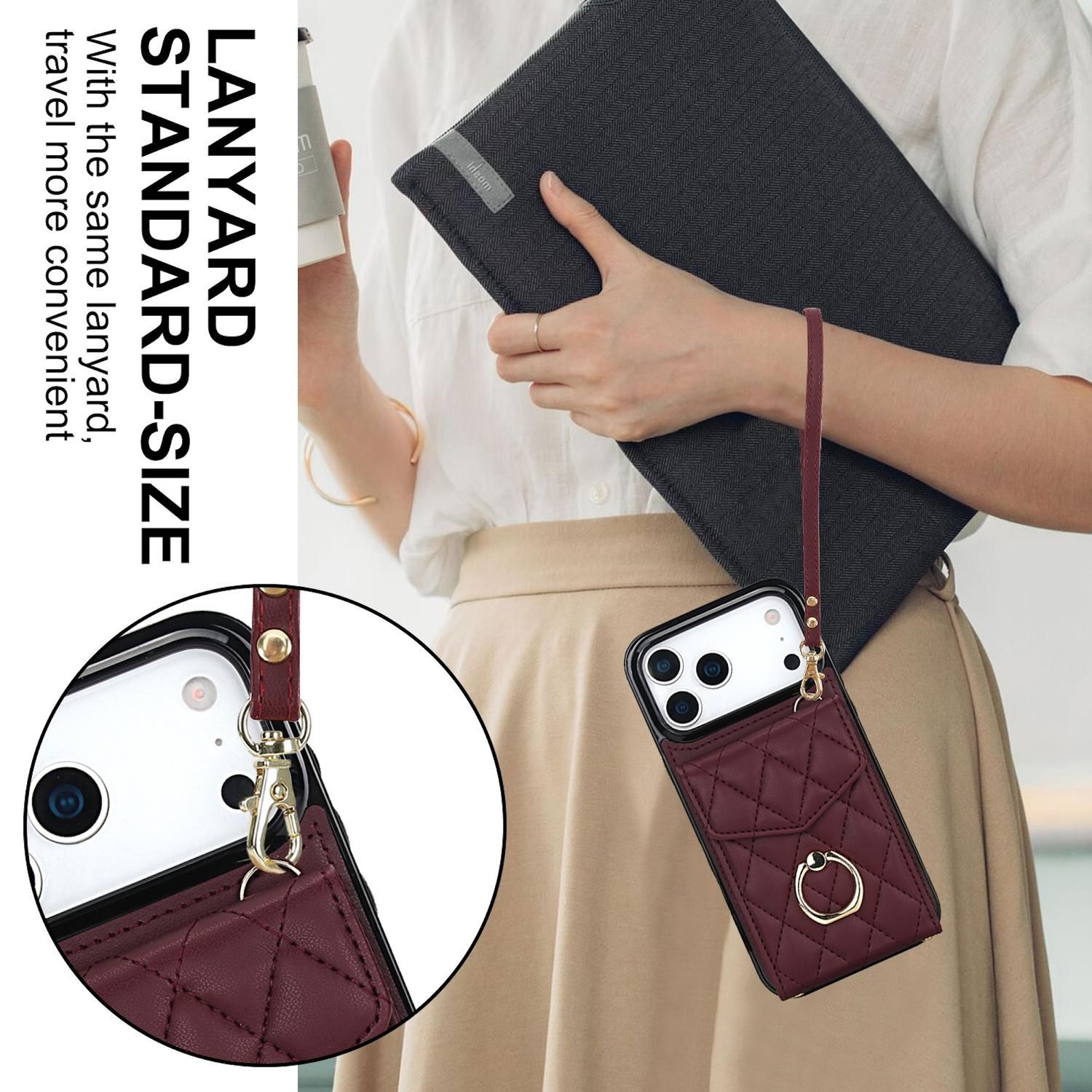 Eine Frau hält ein Telefon mit einer weinroten Hülle und einem Lanyard. Die Hülle hat einen Ring und eine Tasche. Sie hält auch eine schwarze Mappe.