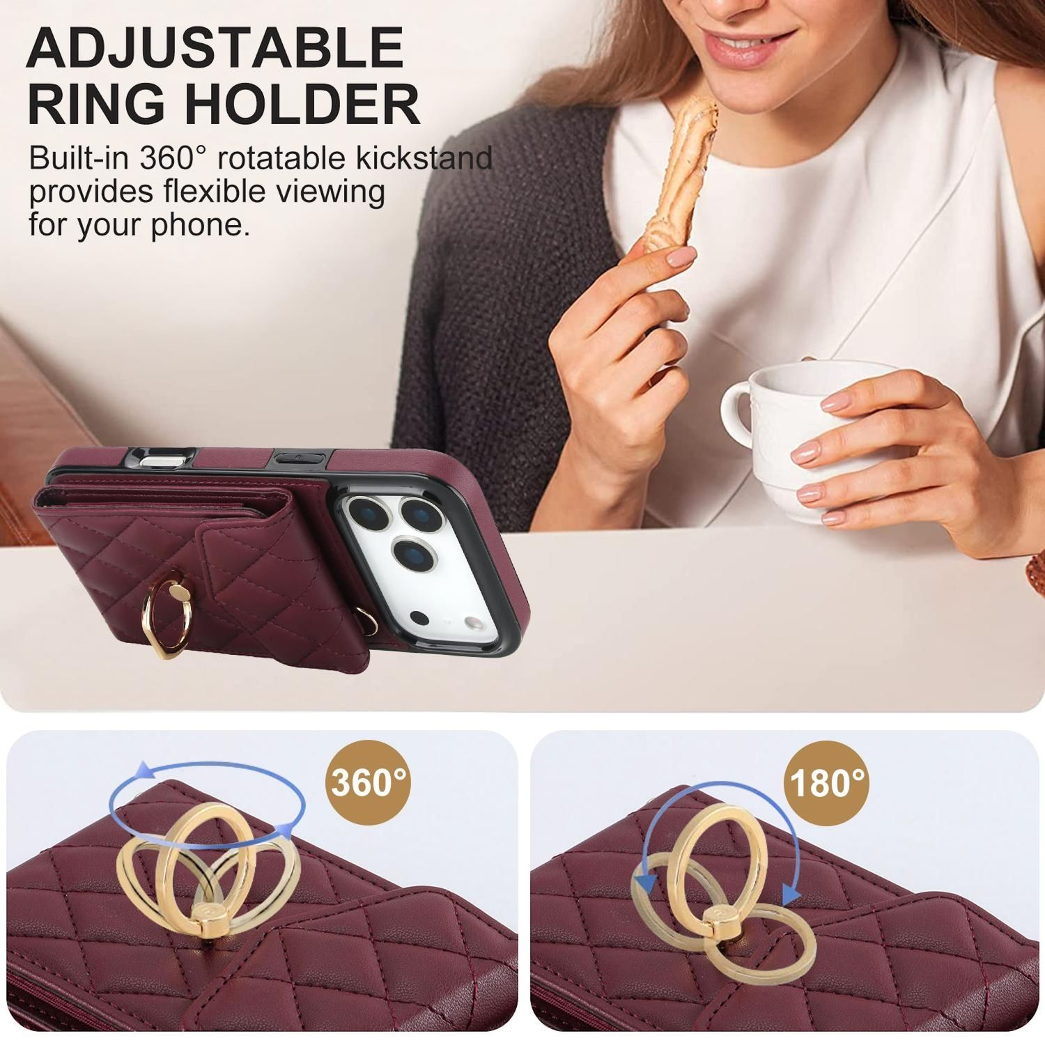 Eine Frau hält einen Snack, eine Handyhülle mit Ringhalter liegt auf einem Tisch. Diagramme zeigen 360- und 180-Grad-Drehung.