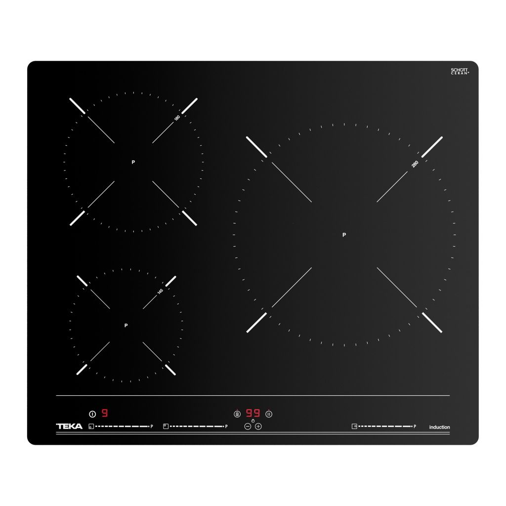 Czarna płyta indukcyjna z trzema palnikami, sterowaniem dotykowym i marką Teka. Widoczne logo Schott Ceran.