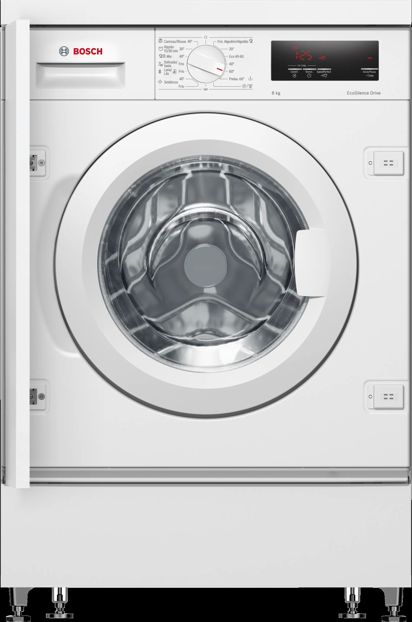 Biała pralka Bosch z okrągłymi drzwiami. Posiada panel sterowania i wyświetlacz cyfrowy pokazujący czas.