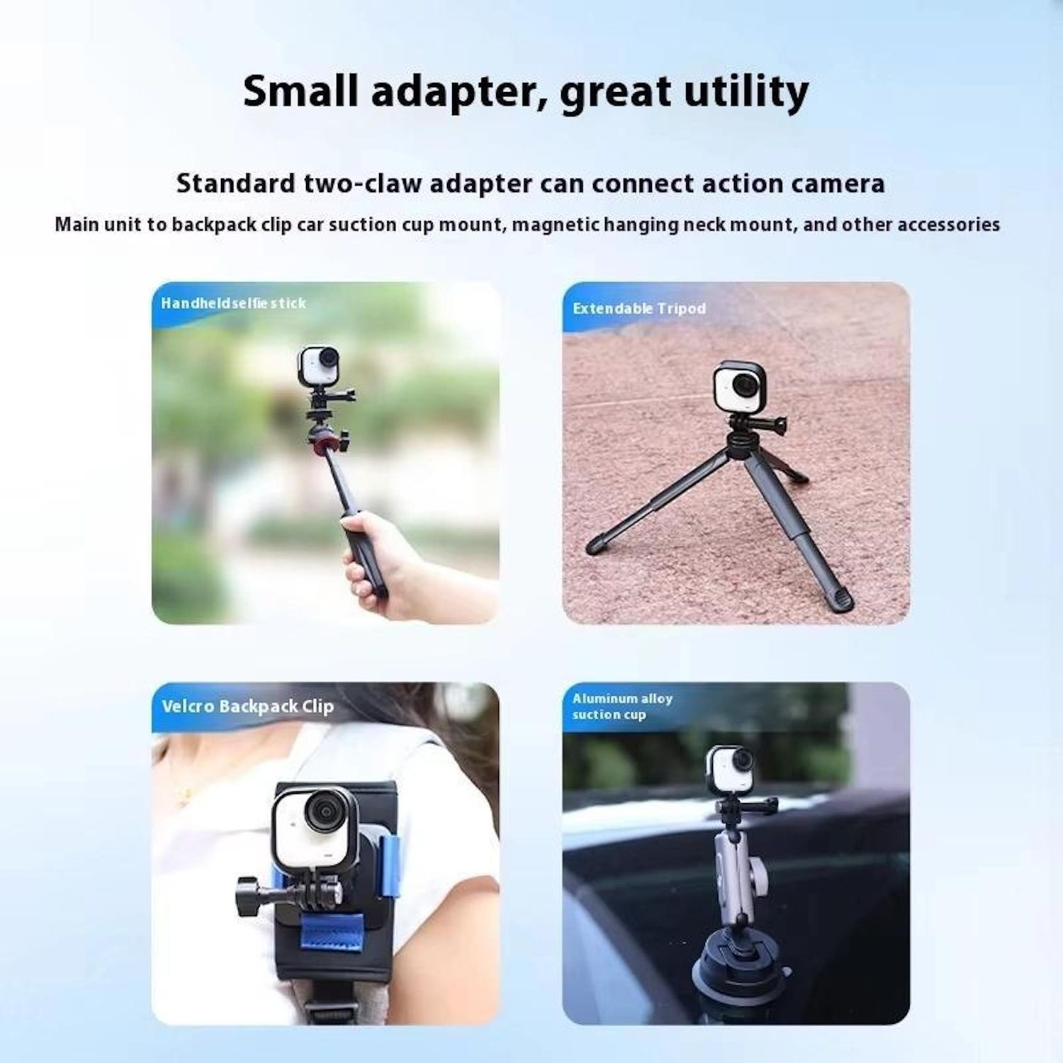 Das Bild zeigt einen kleinen Adapter mit verschiedenen Zubehörteilen: Selfie-Stick, Stativ, Rucksackclip und Saugnapfhalterung, die jeweils eine kleine Kamera halten.