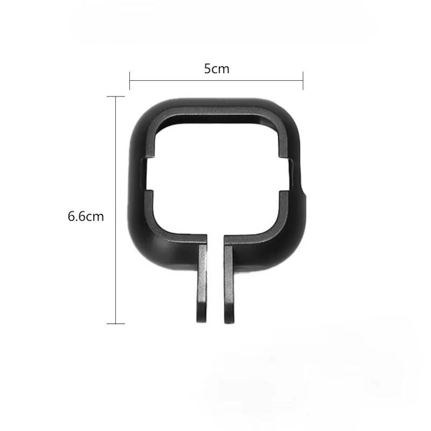 Schwarz-Kunststoff-Quadrat mit Maßangaben, 5cm breit und 6,6cm hoch. Das Element hat zwei vertikale Verlängerungen unten.