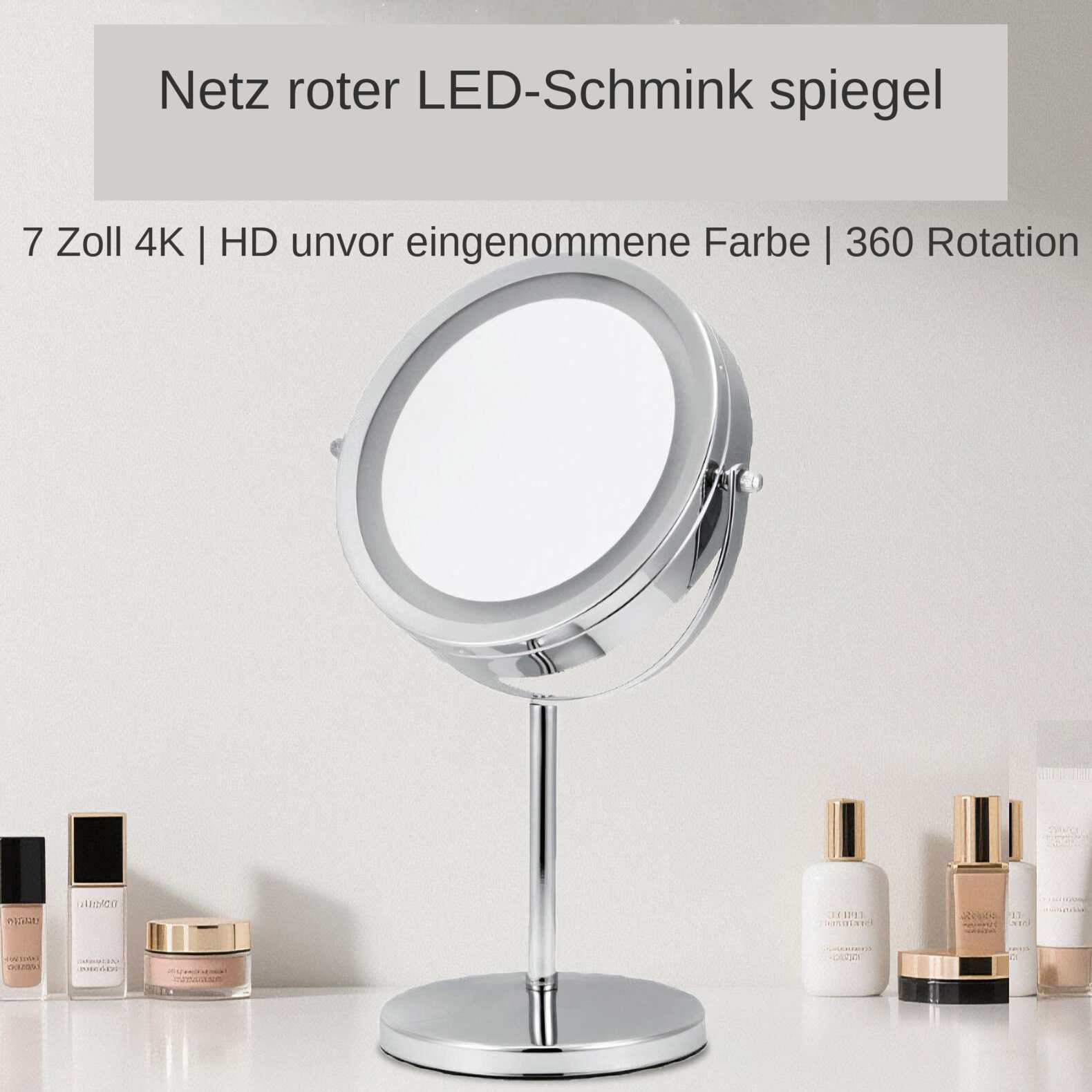 Ein verchromter Schminkspiegel mit einem weiß beleuchteten Kreis, umgeben von Schönheitsprodukten.