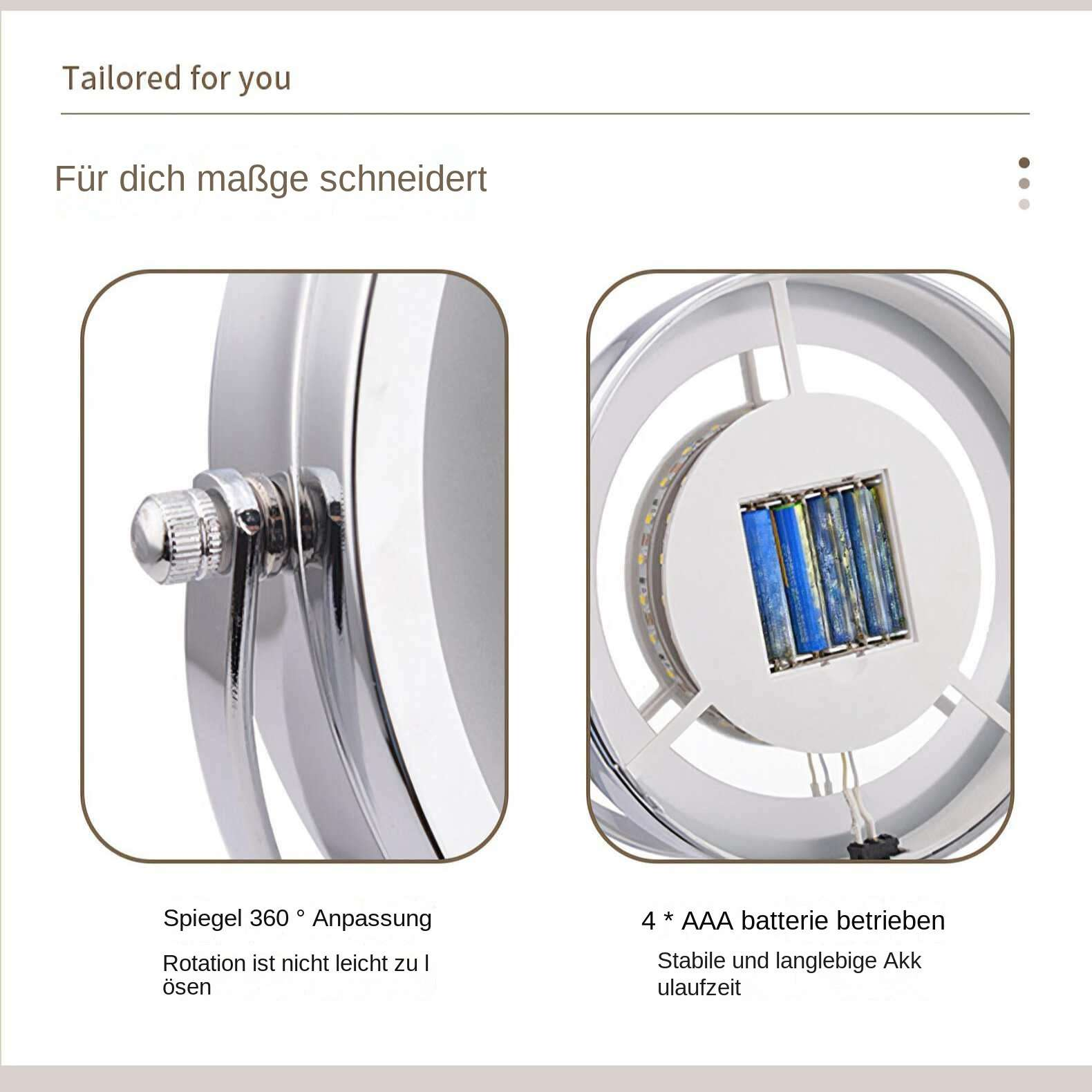 Das Bild zeigt Nahaufnahmen eines silbernen Spiegels. Eine Seite zeigt den Verstellmechanismus, die andere die Batterien.