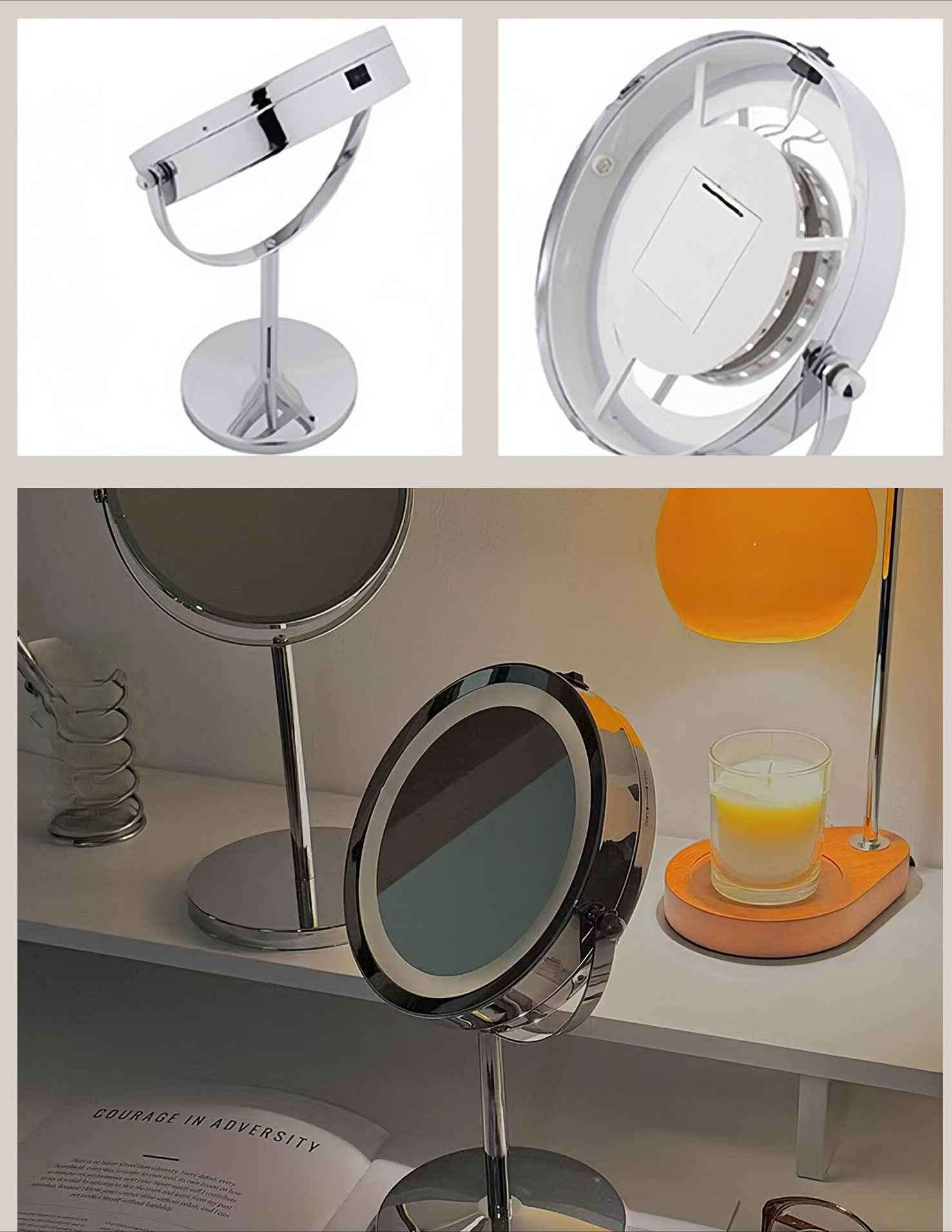 Ein silberner Schminkspiegel mit runder, beleuchteter Oberfläche steht auf einer weißen Fläche. Eine Kerze und eine Lampe sind ebenfalls zu sehen.