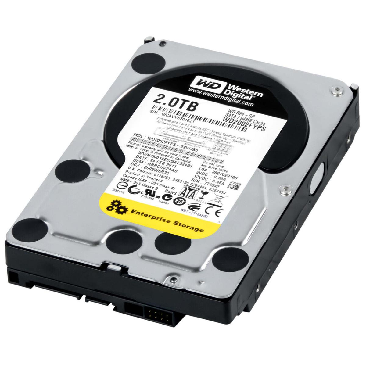 Un disco rigido argento e nero con un'etichetta nera, che mostra dettagli tecnici e il logo Western Digital.