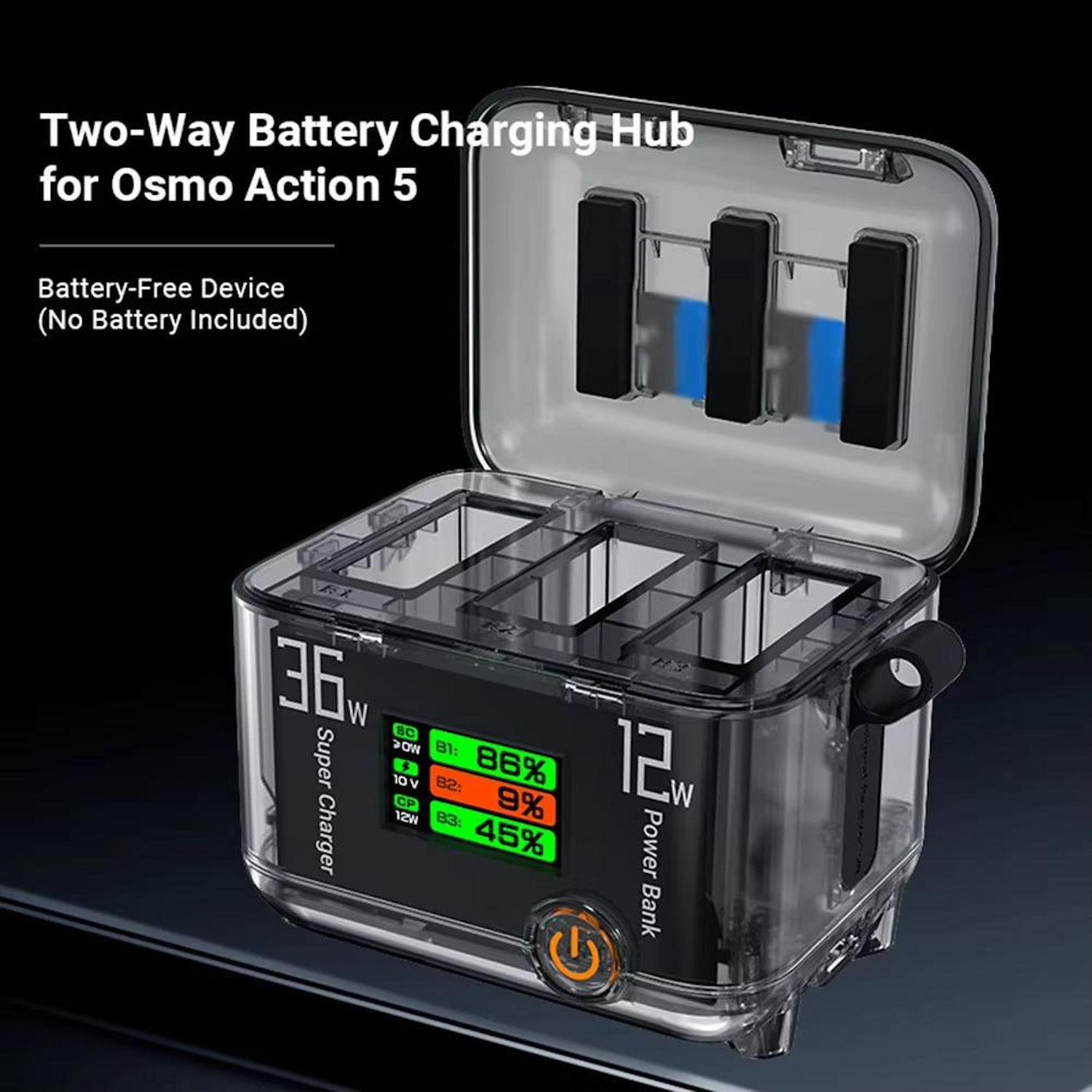 Un hub di ricarica trasparente per batterie Osmo Action 5, che mostra i livelli di carica. Include un power bank e un super caricatore.