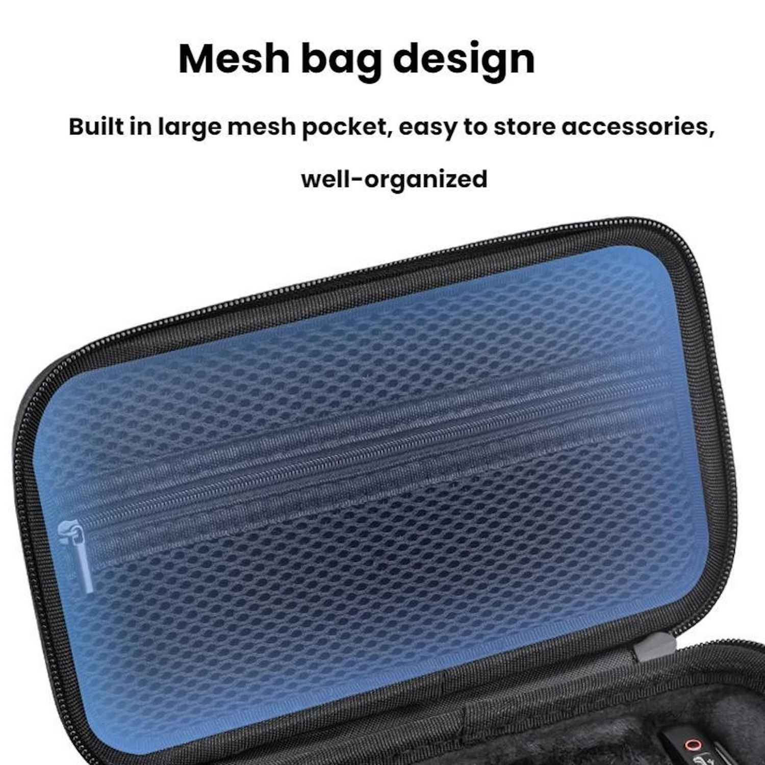 Una borsa a rete nera con cerniera, che mostra un interno a rete blu, e il testo 'Mesh bag design'.